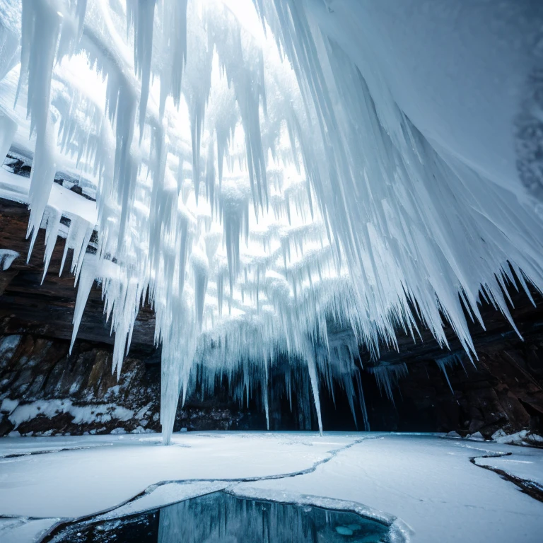 The interior of Frostbite Cavern is filled with intricate ice formations, including massive icicles that hang from the ceiling and beautiful, crystalline structures that refract light in mesmerizing patterns. The cavern walls are coated with frost, and the floors are often slick with ice, making navigation a challenge. Pockets of geothermal activity occasionally create small pools of warm water, which contrast sharply with the otherwise freezing environment.