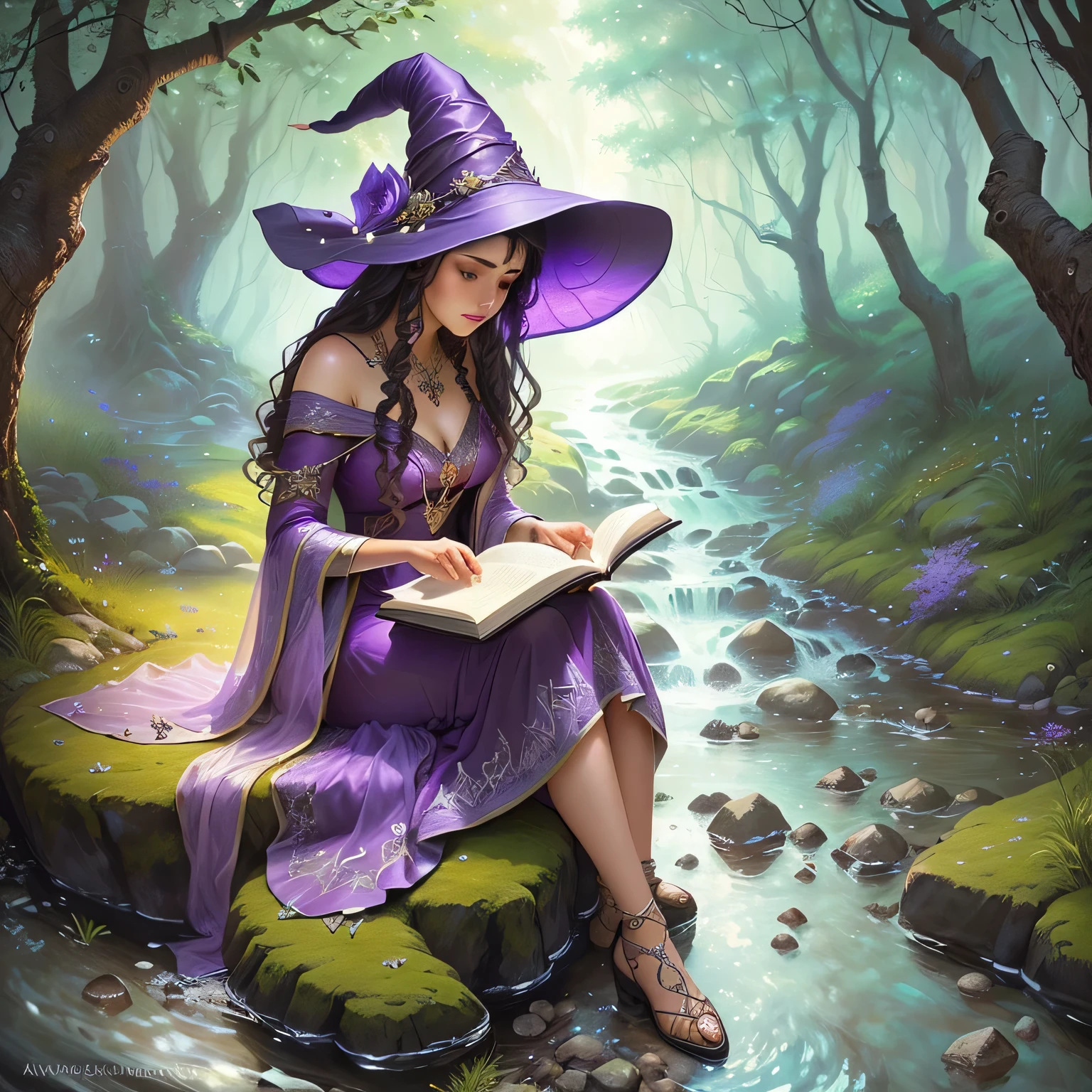 Arav woman in purple dress and hat sitting on a rock near a stream and reading a book, Witch fairy tale, Beautiful wizard, wizard magic witch, Beautiful witch, Beautiful and detailed fantasy, Magic fantasy very detailed, Fantasy art style, Beautiful fairy witch, Fantasy fairy tales, Beautiful fantasy art, Beautiful adult book fairy, Beautiful fantasy painting