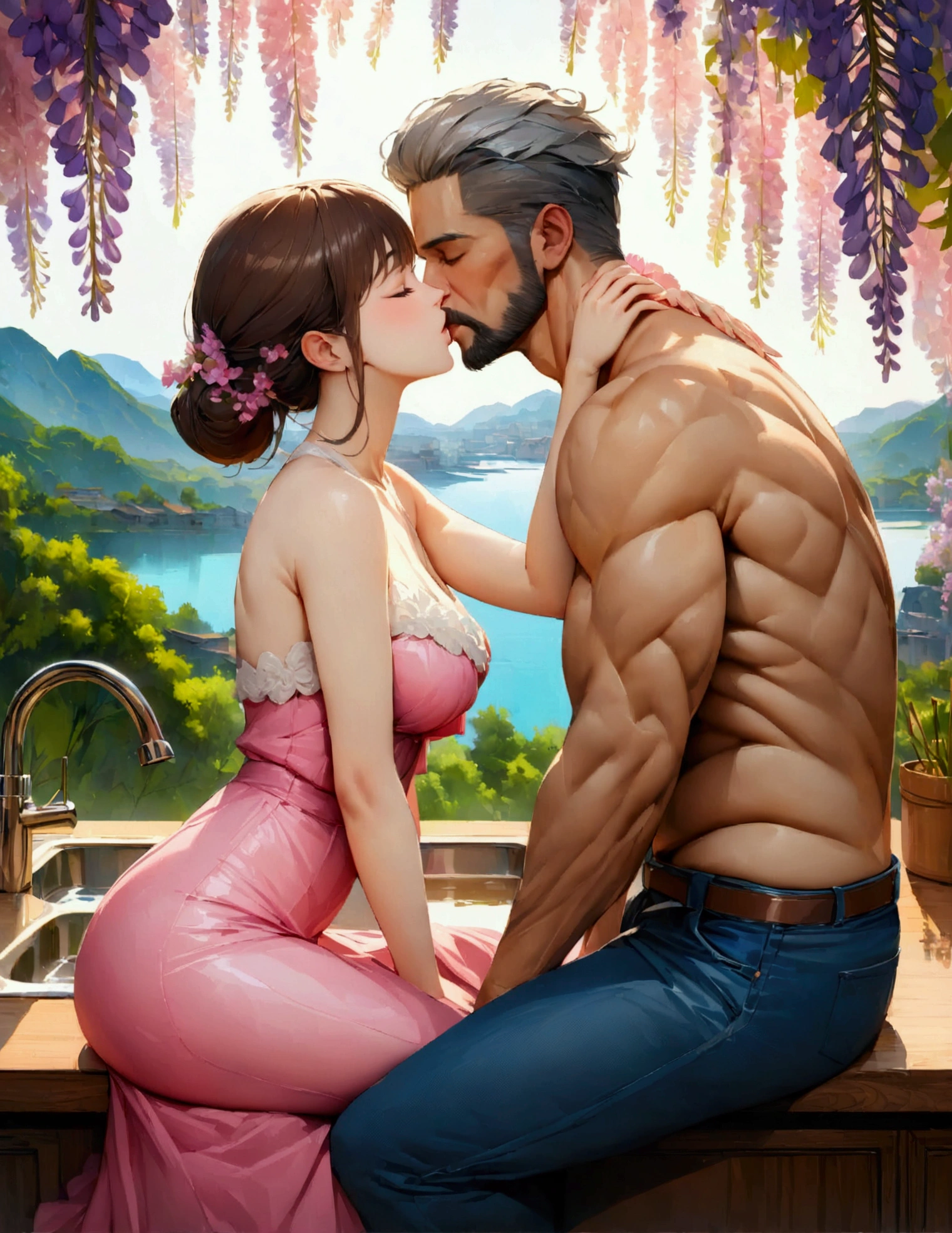 (masterpiece:1.3),(最high quality:1.4),(Very detailedな:1.5),High resolution,Very detailed,8k,artwork,High level of detail,rendering,high quality,Wide range of colors, ((Absurd, taller than, Ultra HD)) 1 male, 1 female,mature, Kiss each other, Girl sitting at the sink, The man stood in front of her、Bend slightly towards her, The man is shirtless, Wearing blue jeans ,woman wearing beautiful pink dress, Wisteria flowers blooming all around, beautiful, landscape, romantic,((calm and romantic expression:1.2)) ,Pixiv, Digital Painting, Manly men, beautiful elegant woman, (Stylish grey hair for men), (Women's long brown hair)
