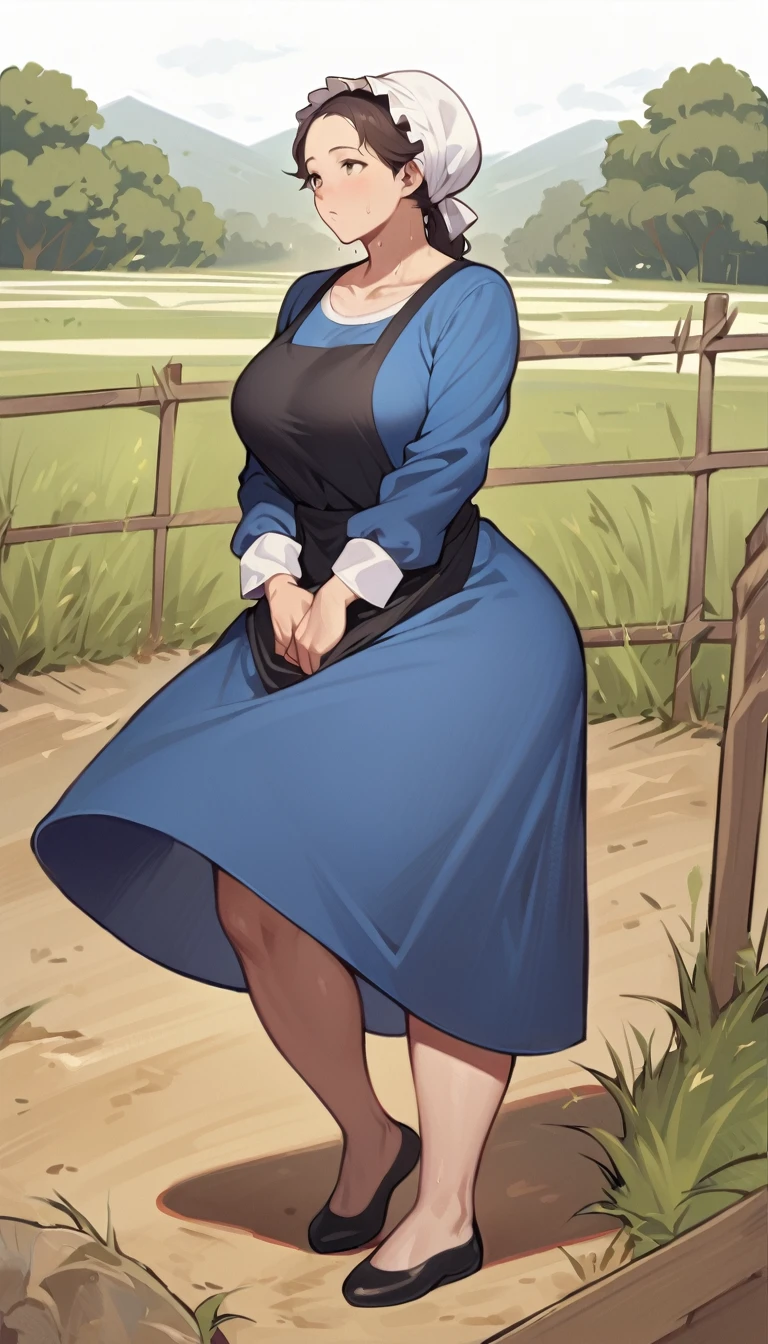 1woman, adult amish woman, 40 years old, pale skin, long sleeved blue dress with exposed collarbone, she wears small black apron over her blue dress, full body shown, very short brown hair, forehead exposed, big forehead, white bonnet kapp that covers a majority of her hair, wide hips, thick thighs, wearing simple black flats, slightly below the knee dress, slight face wrinkles, tight sleeves, standing upright in a farm field, no makeup, hands on lap, side view, aged face, busty, rosy cheeks, small sweat head on face