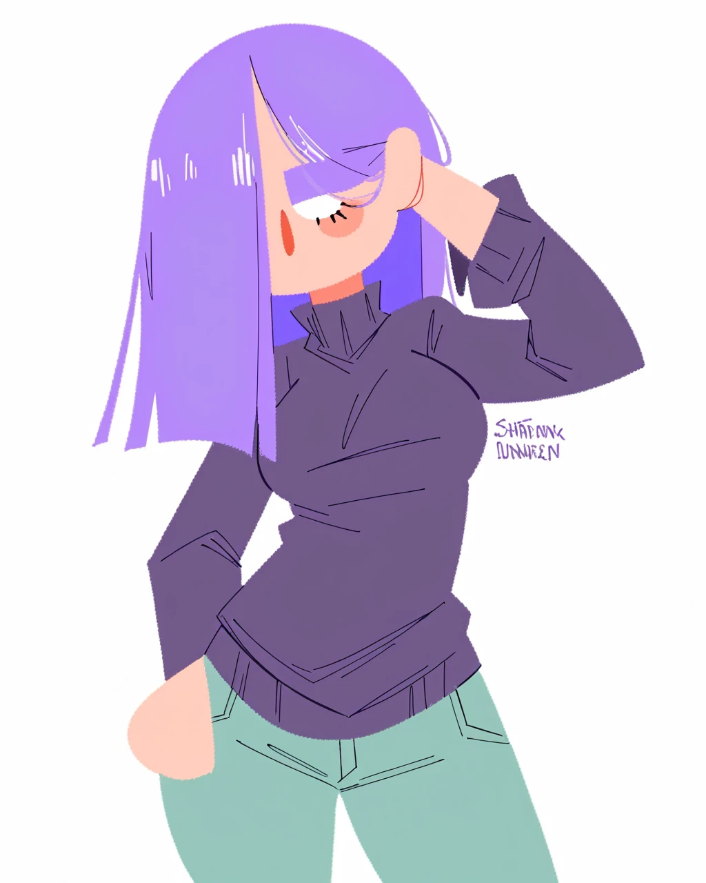 score_9, 1girl, female, (solo), standing, lily duolingo, purple hair, hair over one eye, sweater, pants, flat colors, no lineart, 