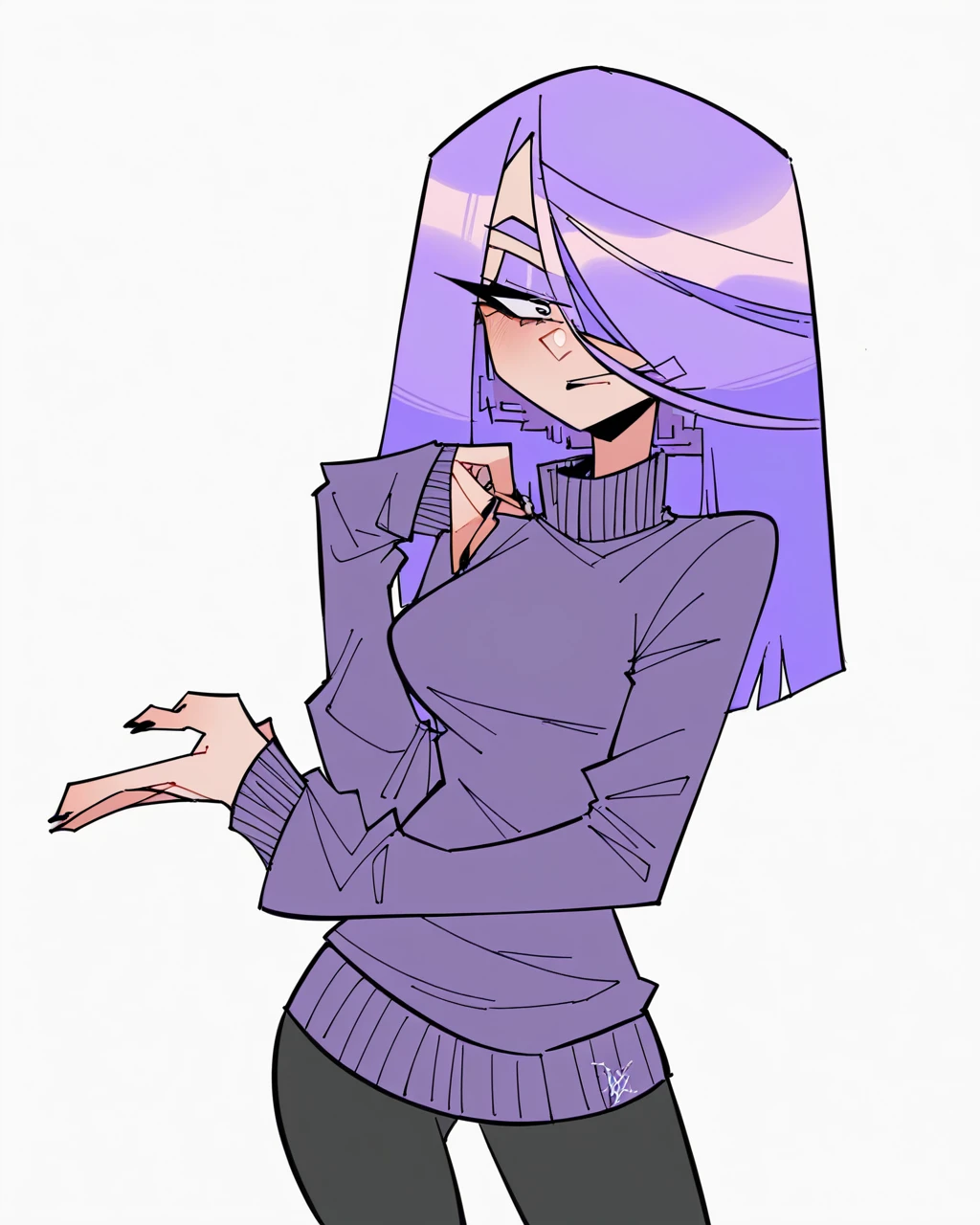 score_9, 1girl, female, (solo), standing, lily duolingo, purple hair, hair over one eye, sweater, pants, flat colors, no lineart, 