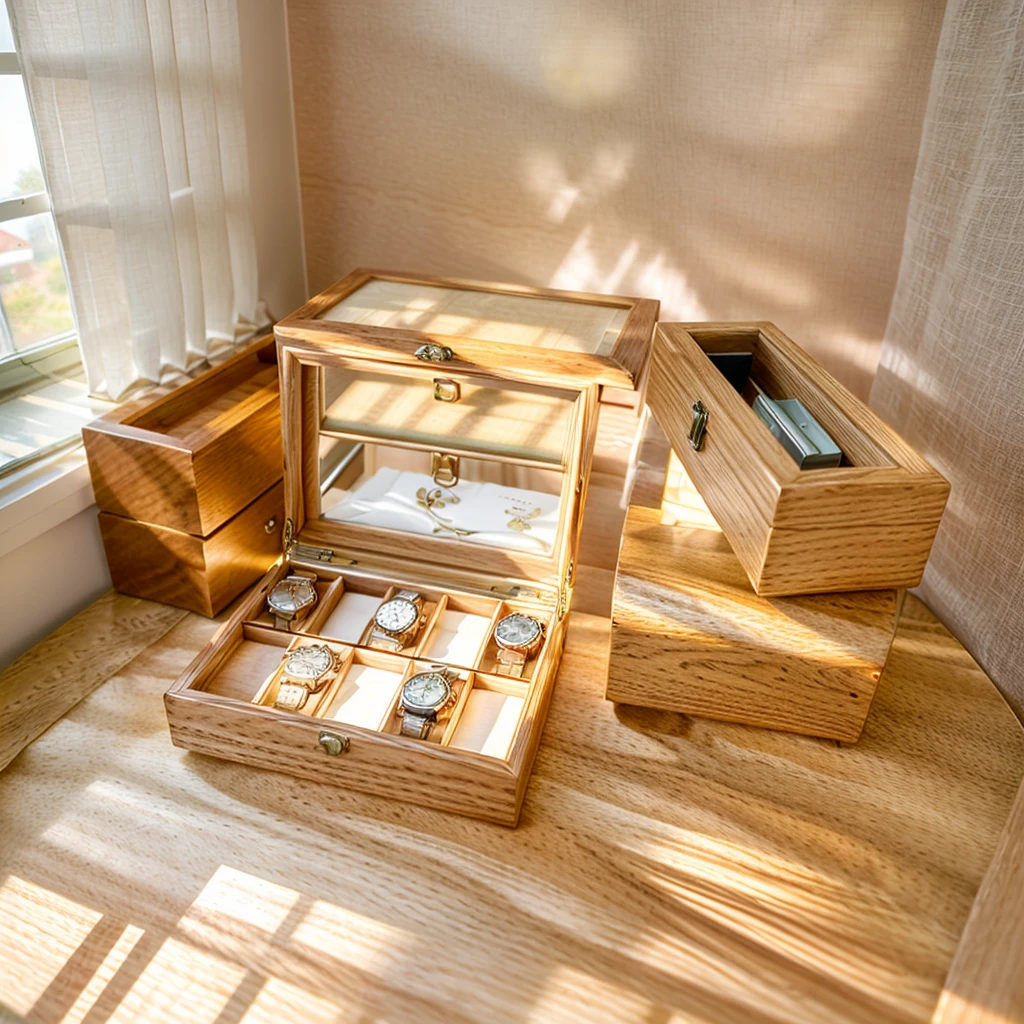 In this cozy room,A ray of sunlight shone through the half-drawn curtains on the table,Let the wood grain on the watch storage box shine with a faint luster。There was a calm and peaceful atmosphere in the air around them。There are several still lifes hanging on the walls of the room,It adds a touch of elegance to the space。And on the other side of the room,The half-open window lets in the breeze,The pages on the small desk by the window turned in the wind,This quiet scene gives a sense of tranquility and comfort。