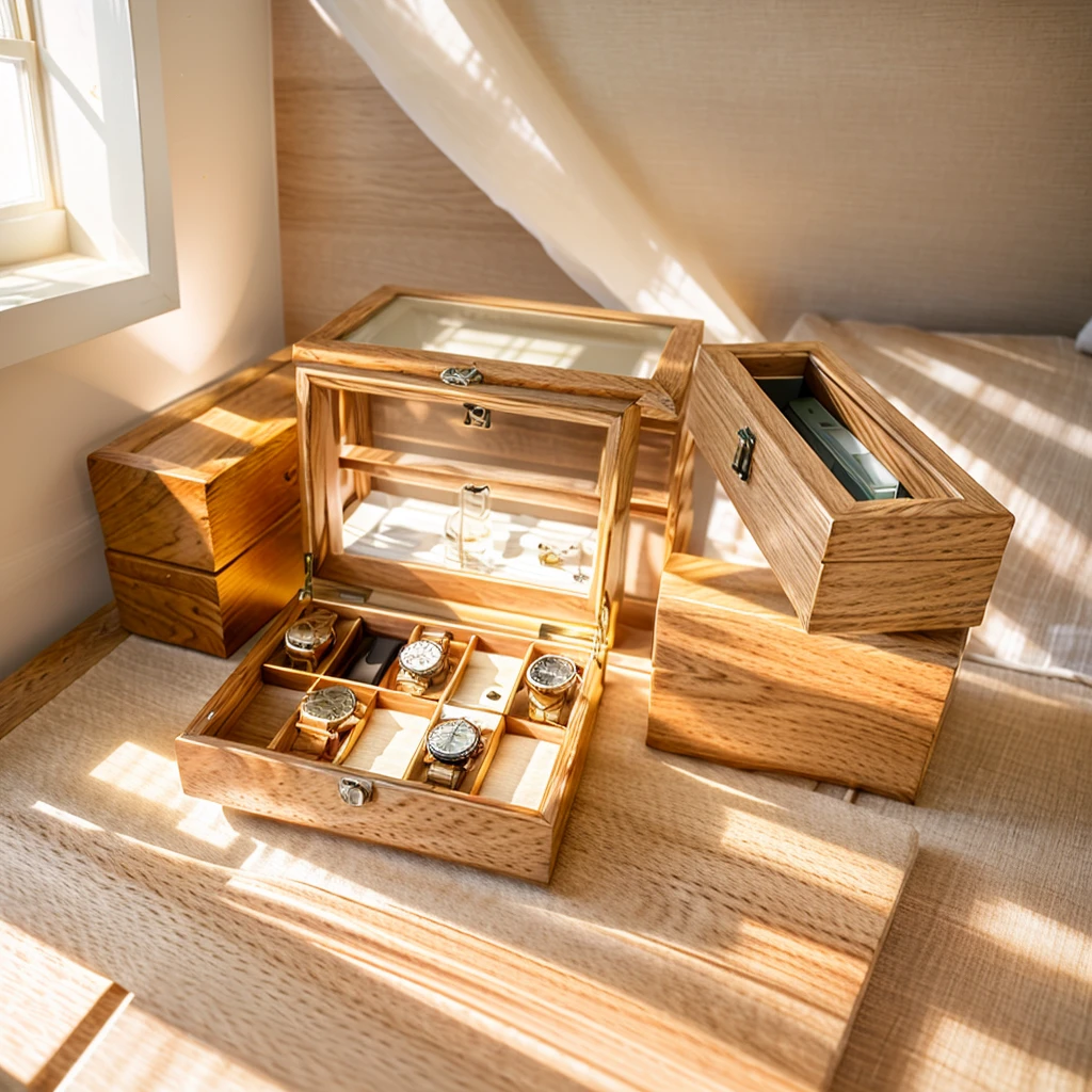 In this cozy room,A ray of sunlight shone through the half-drawn curtains on the table,Let the wood grain on the watch storage box shine with a faint luster。There was a calm and peaceful atmosphere in the air around them。There are several still lifes hanging on the walls of the room,It adds a touch of elegance to the space。And on the other side of the room,The half-open window lets in the breeze,The pages on the small desk by the window turned in the wind,This quiet scene gives a sense of tranquility and comfort。