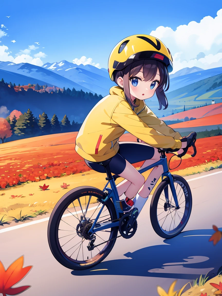 A girl cycling on the autumn plateau、Bicycle helmet on head、