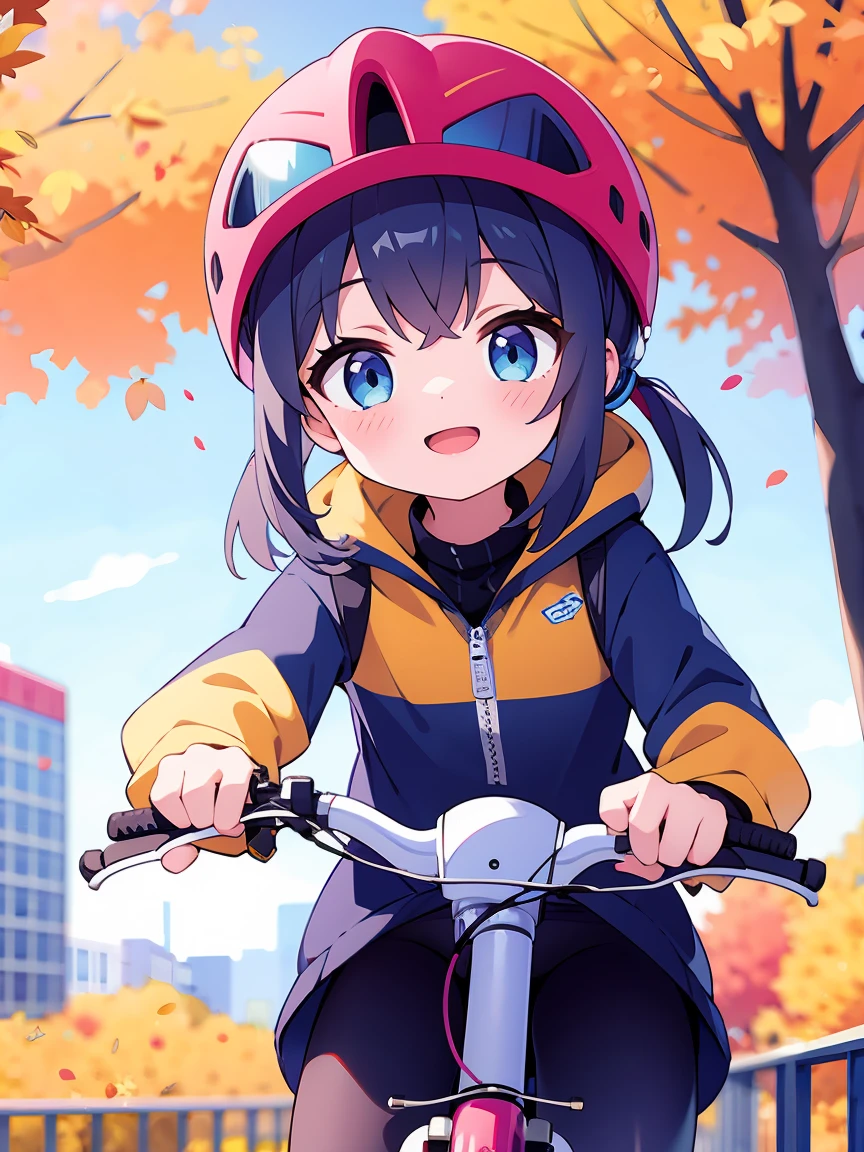 A girl cycling on the autumn plateau、Bicycle helmet on head、