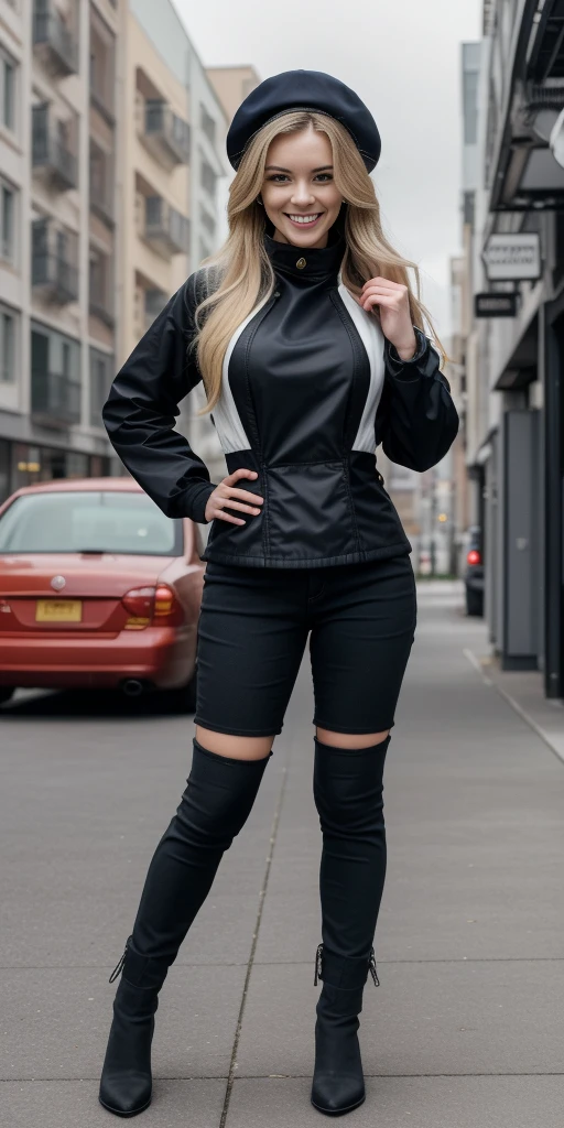(4k, ultra high resolution, Prominence in Masterpiece, High Quality, Best Quality: 1.2) full body, 1 female, solo, 1girl, 1woman, lustful smirking smile blush, looking at viewer, sitting, blonde hair, long hair, (black jacket), beautiful and detailed face, detailed eyes, looking at the viewer (grey theme) close jacket (aesthetic clothing) hands on hips, wide hips, blonde long hair, blonde drill hair, blonde twin drills hair, blue wizard hat, Handcuffs on their hands, With a collar around the neck