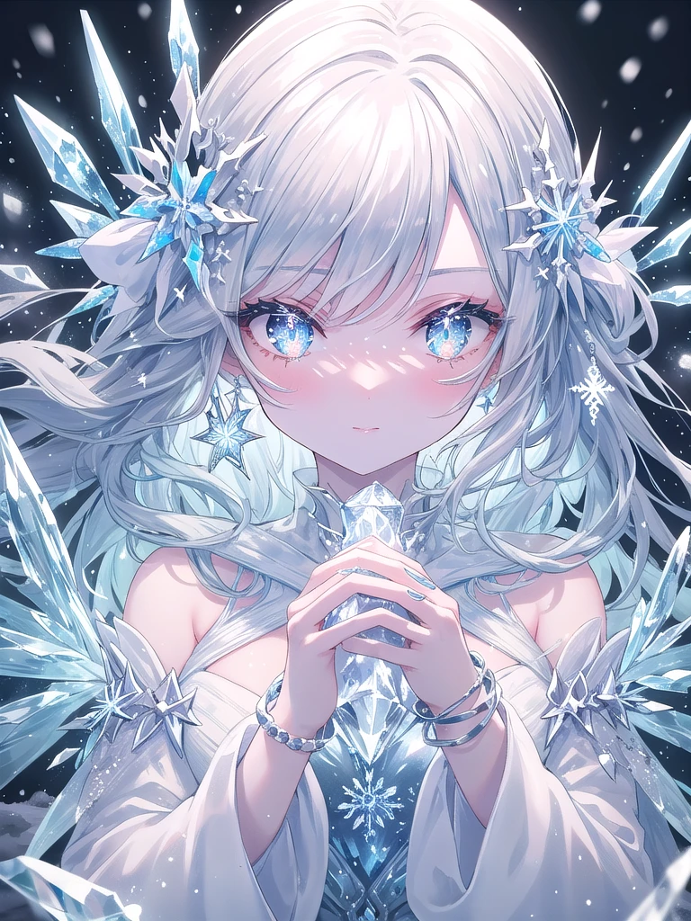 ((8k, best quality, master piece: 1.3)),super high resolution,(1 girl, solo), (colorshift eyes, hyperdetailed, expressive sparkling, glitter, glowing eyes), ultra detailed eyes, ultra-detailed face, random hair, ((pastel color)),A silver-haired woman is using ice magic in an ice castle. She is wearing an ice dress with white and blue embroidery, and in the background are beautiful ice sculptures and shining ice walls. The dress shines like ice crystals and emits a cold light. She holds out her hands, and her silver bracelets shine, reflecting the ice light. Magical light emanates from her hands, creating an ice sculpture. Her braided silver hair is illuminated by the ice light, and her translucent skin shines in the cold light. Her eyes are icy blue, and her eyes, filled with magical power, are controlling ice magic. Her cold yet beautiful figure is fantastical, and is depicted in harmony with the ice castle in the background, A magical winter scene with glittering snowflakes falling gently. Each snowflake catches the light, sparkling as it drifts down. The ground is covered in a pristine layer of snow that glistens under the soft illumination. The entire image feels like a winter wonderland, filled with shimmering beauty.