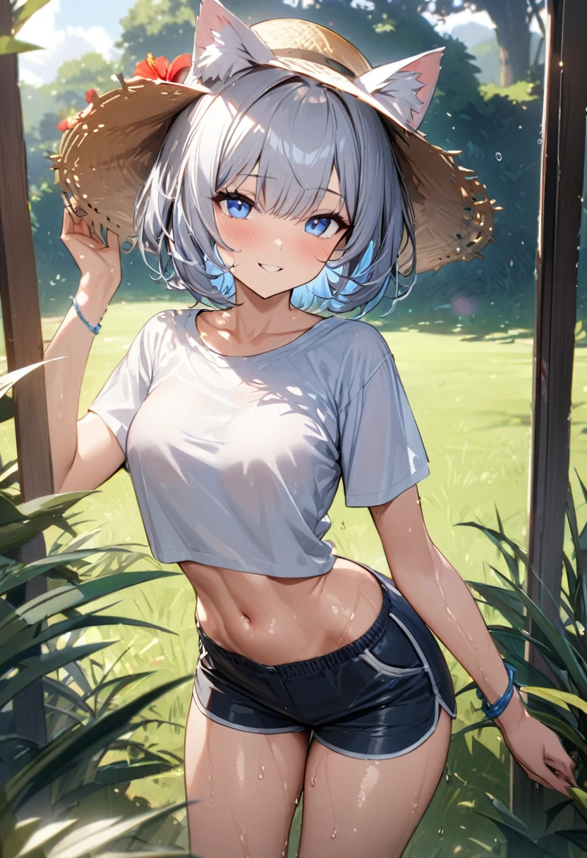 1girl、(((best quality)), ((masterpiece)), (details), masterpiece, best quality, high quality, ulutra detailed, perfect face, ((1girl, Blue eyes, cat ears: 1.3 silver bob hair: 2.5,))、Shiny Hair、Glowing Skin、Happy face、Lustful look、Water Play、Sprinkle water、T-Shirts、Shorts、Straw hat、I can see my toned stomach、Clothes get wet、grass、hibiscus、