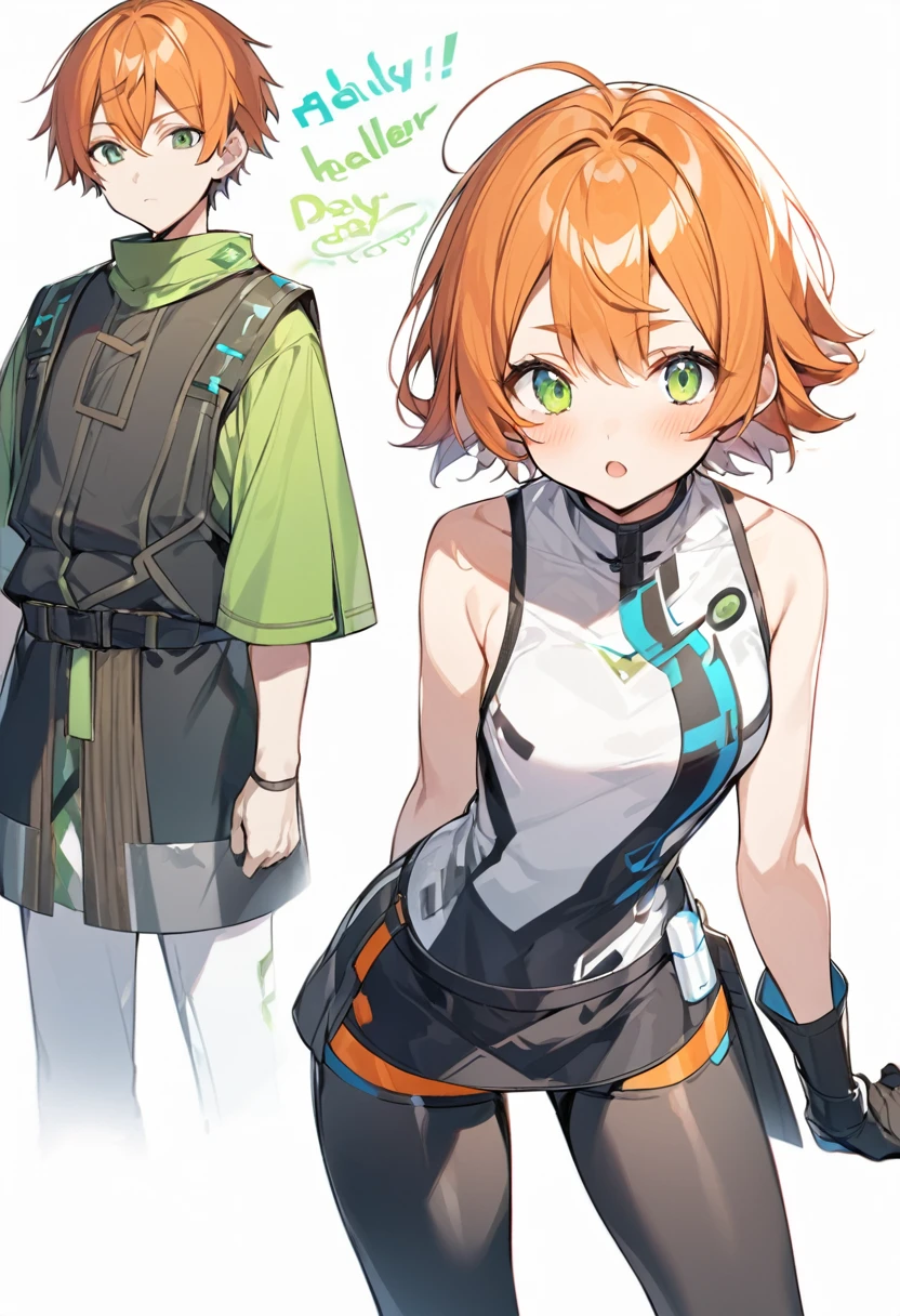 (One girl)、((short hair))、right orange hair、((boyish))、((Dairy-free))、(Healer)、Black Vest、black leggings、White sleeveless、black gloves、say、green eye、arm behind back、White Background、