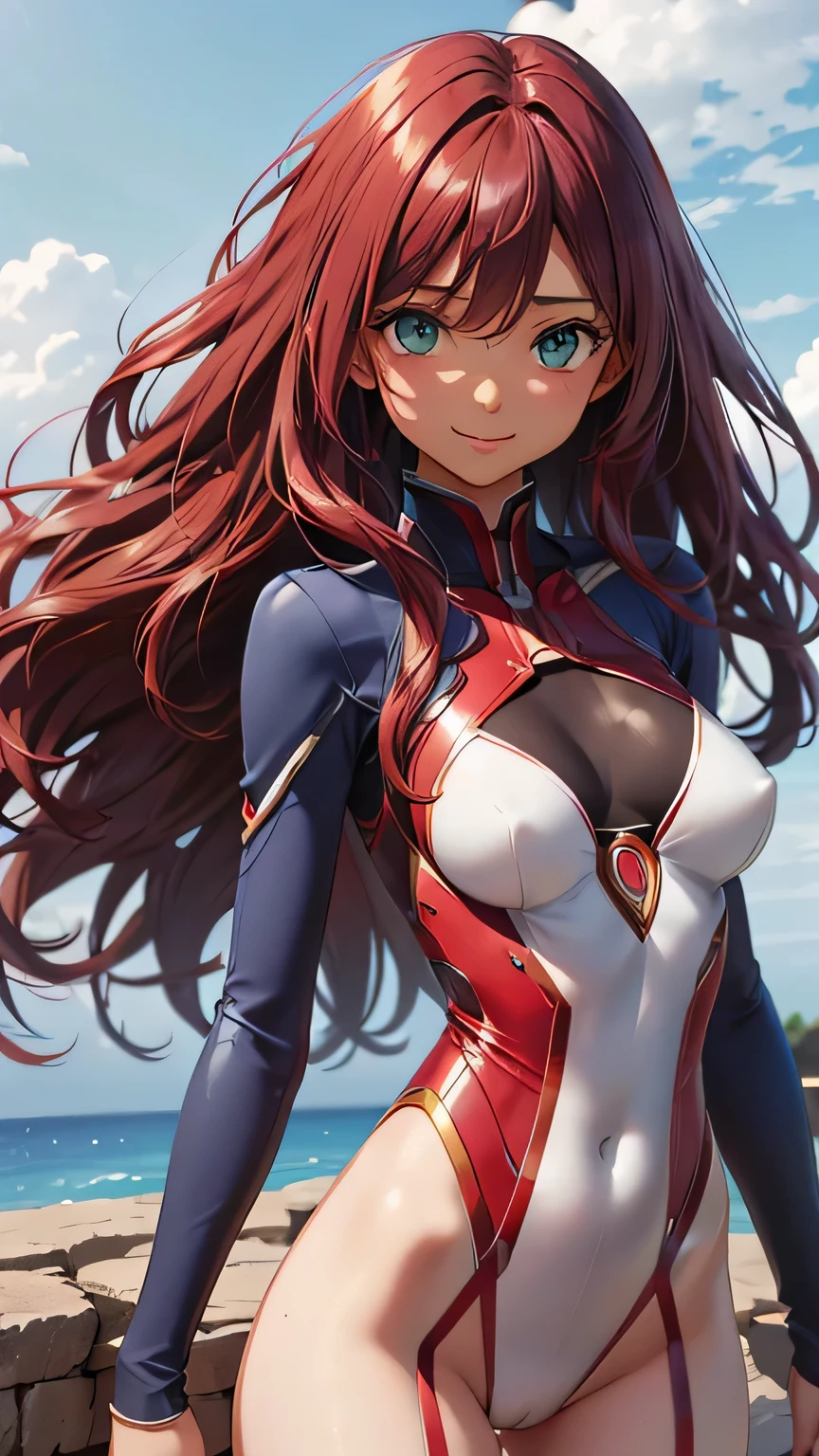 highest quality、Realistic、female、zoom、Green Eyes、Red long wavy hair、Hero Suit、Shiny bodysuit、Blue accents、slender、Dark Skin、Small breasts。Aerial、An inappropriate smile、Bust Shot、