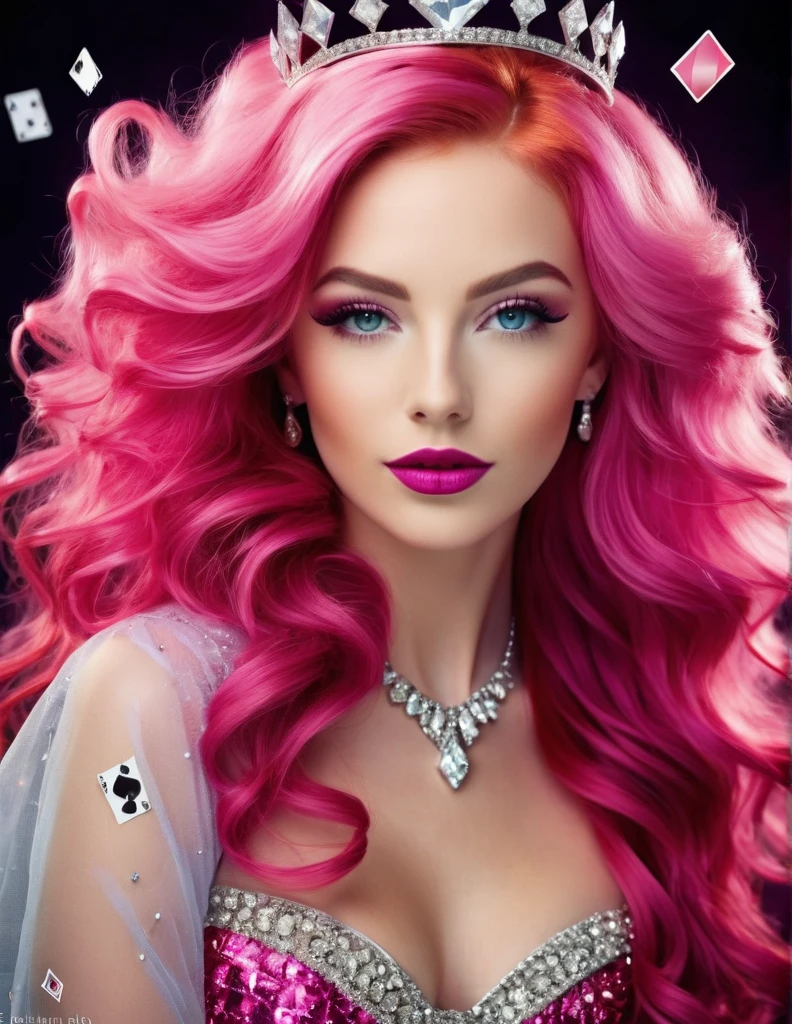 Create a olaying card with a very attractive 25 year old caucasian female with long wavy bright pink hair, as queen of diamonds, photo quality