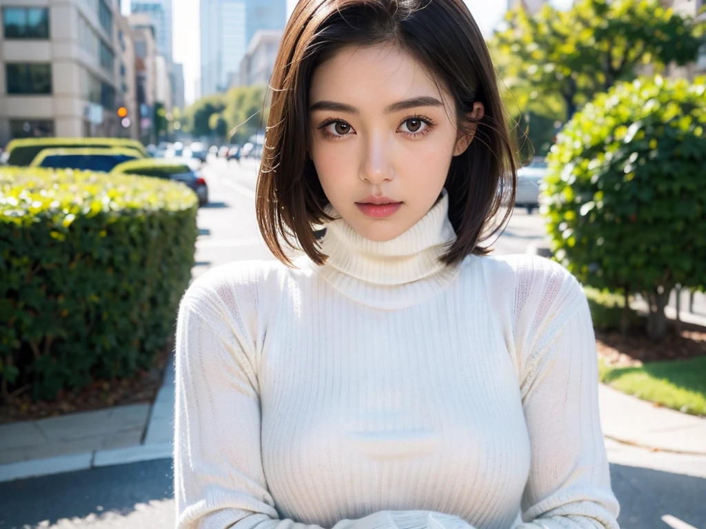 (((masterpiece, best quality,ultra-detailed,8k,high resolution))), (upper body),24 years old ,Japanese girl, 1girl, short hair, turtleneck sweater,(((grabbing turtleneck collar))), (Half a face out of a turtleneck sweater:2),(((extra long turtleneck)))