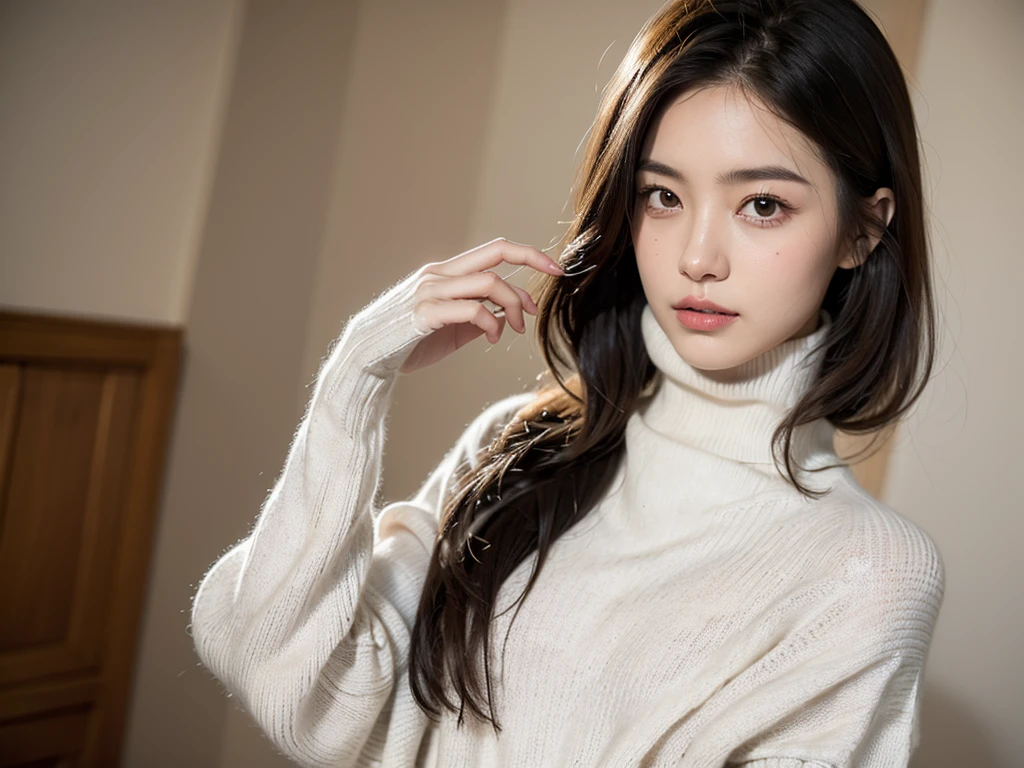 (((masterpiece, best quality,ultra-detailed,8k,high resolution))), (upper body),24 years old ,Japanese girl, 1girl, short hair, turtleneck sweater,(((grabbing turtleneck collar))), (Half a face out of a turtleneck sweater:2),(((extra long turtleneck)))