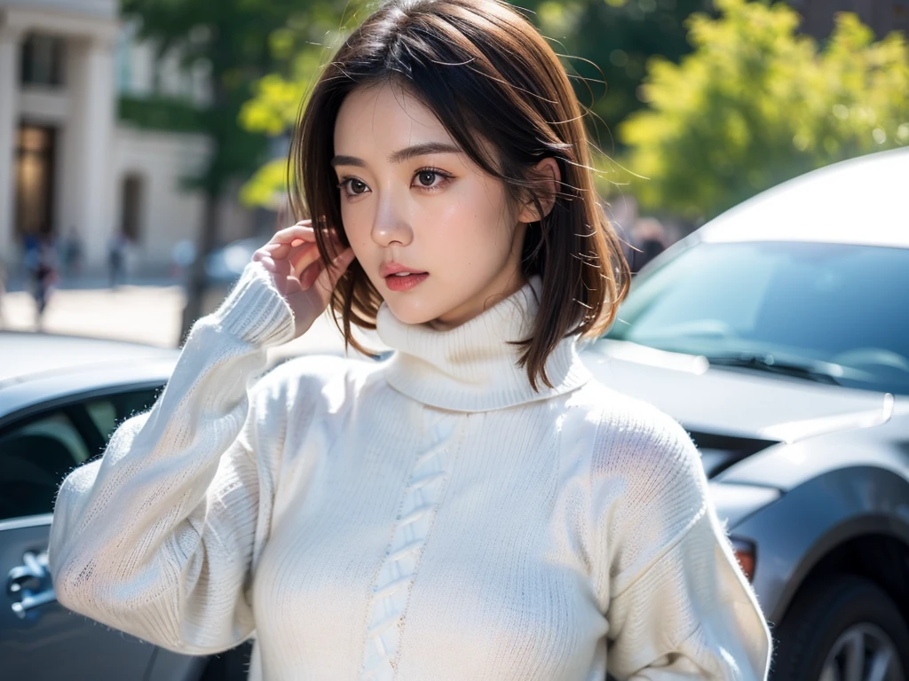 (((masterpiece, best quality,ultra-detailed,8k,high resolution))), (upper body),24 years old ,Japanese girl, 1girl, short hair, turtleneck sweater,(((grabbing turtleneck collar))), (Half a face out of a turtleneck sweater:2),(((extra long turtleneck)))