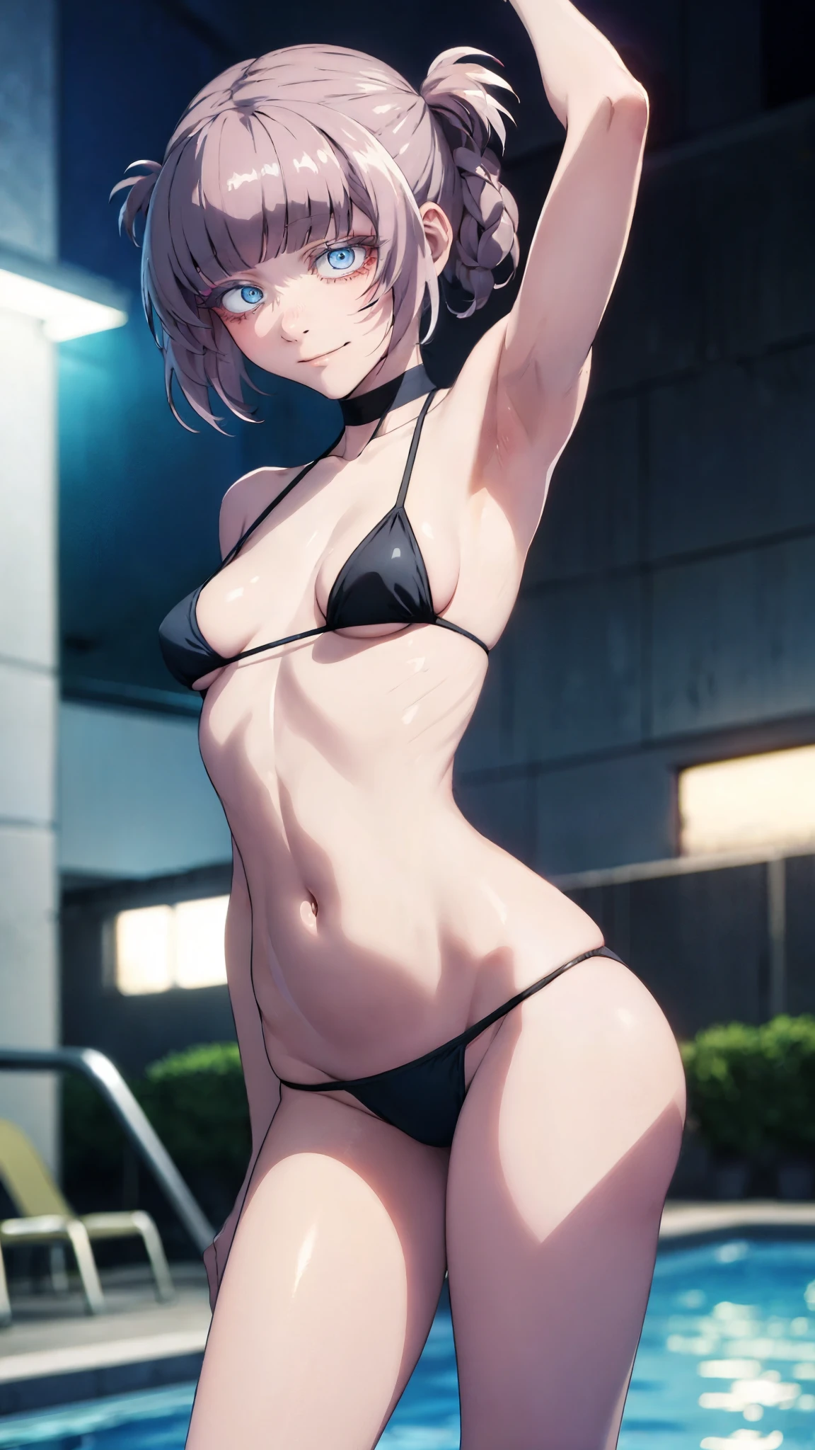 Nazuna nanakusa, Call of the night, Masterpiece: 1.25, Best quality, High resolution:1.35, RAW photo:1.2, 16K, Dreamy, ((1girl)), Cute face, Long eyelashes, detailed eyelashes, eye shadows, glowing eyes, Natural makeup, Clear facial features, Curvy build, Skinny, Slender body, Fine detailed beautiful eyes: 1.2, Happy Expression, ?????? thighs, Lustrous skin, Photon maping, Cinematic lighting, Cowboy shot, (Micro ??????), Perky ??????, Show armpits, Small ??????, Standing pose:1.3, Pool background