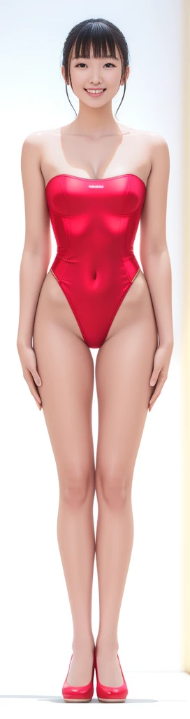 On a white background,A tall and beautiful Chinese girl,with fair skin,Toothy smile,A big smile,When you laugh, Your eyes are crescent-shaped,blunt bangs, long straight hair,Wear a one-piece swimsuit and pumps,Swimsuits are decorated with joyful patterns, Stand up straight,Stand upright,hands on sides,Symmetrical distribution,Ray tracing,All shaded areas,No windows, Soft lighting, Warm light, flood light, n, Studio light, 1.4x Realistic Ultra HD
