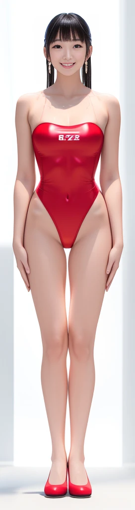 On a white background,A tall and beautiful Chinese girl,with fair skin,Toothy smile,A big smile,When you laugh, Your eyes are crescent-shaped,blunt bangs, long straight hair,Wear a one-piece swimsuit and pumps,Swimsuits are decorated with joyful patterns, Stand up straight,Stand upright,hands on sides,Symmetrical distribution,Ray tracing,All shaded areas,No windows, Soft lighting, Warm light, flood light, n, Studio light, 1.4x Realistic Ultra HD