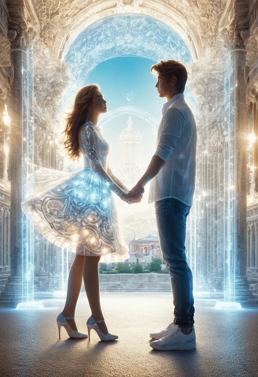 romantic, ( Beautiful teenage white couple in Rome_Detailed facial features, Translucent luminous body, 초realistic ), (romantic_Detailed and accurate hand depiction, delicate features), dynamic colors, street of architecture, Vision, clear sky, (best quality, 8k, 초realistic:1.2), (very detailed, realistic: 1.37), bright background, intricately detailed, amazing, vibrant, fluorescent lamp, shining, bioluminescent body, shining 패턴.
