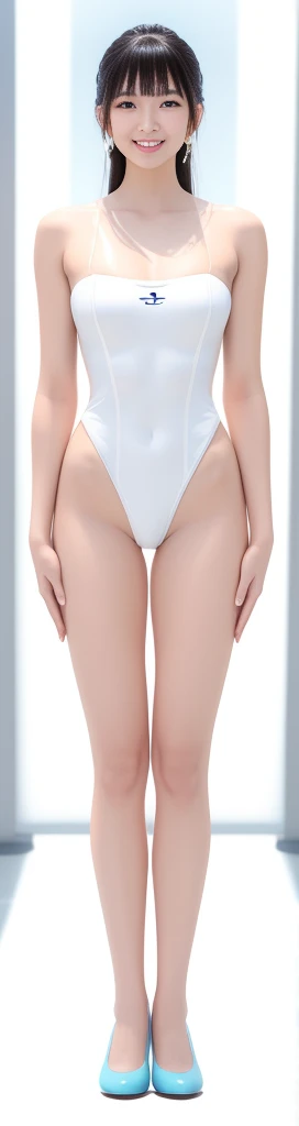 On a white background,A tall and beautiful Chinese girl,with fair skin,Toothy smile,A big smile,When you laugh, Your eyes are crescent-shaped,blunt bangs, long straight hair,Wear a one-piece swimsuit and pumps,Swimsuits are decorated with joyful patterns, Stand up straight,Stand upright,hands on sides,Symmetrical distribution,Ray tracing,All shaded areas,No windows, Soft lighting, Warm light, flood light, n, Studio light, 1.4x Realistic Ultra HD