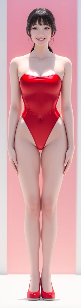 On a white background,A tall and beautiful Chinese girl,with fair skin,Toothy smile,A big smile,When you laugh, Your eyes are crescent-shaped,blunt bangs, long straight hair,Wear a one-piece swimsuit and pumps,Swimsuits are decorated with joyful patterns, Stand up straight,Stand upright,hands on sides,Symmetrical distribution,Ray tracing,All shaded areas,No windows, Soft lighting, Warm light, flood light, n, Studio light, 1.4x Realistic Ultra HD