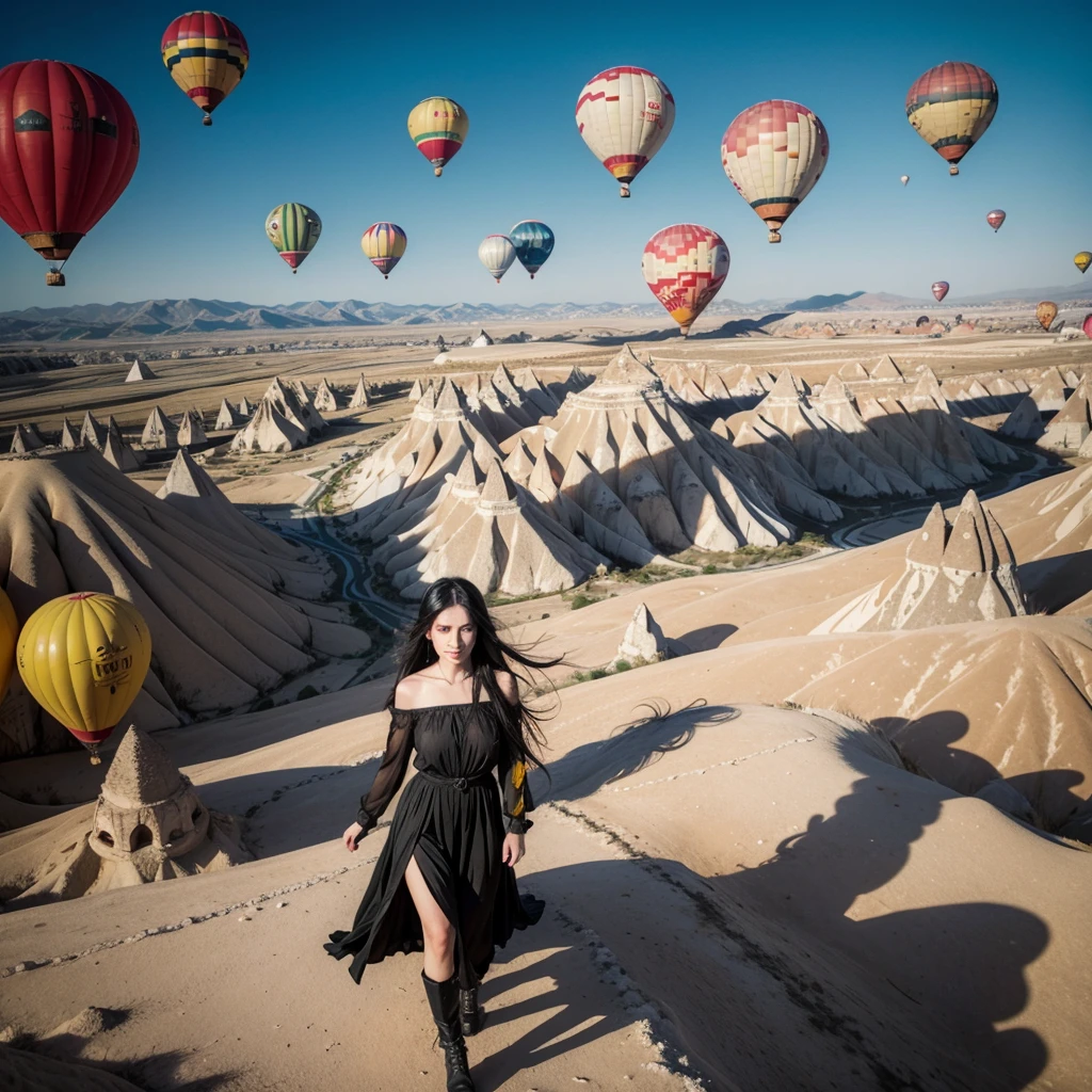 red skin, yellow eyes, long black hair, red dress, walking on the cappadocia tukey, colorful hot air balloons in the sky