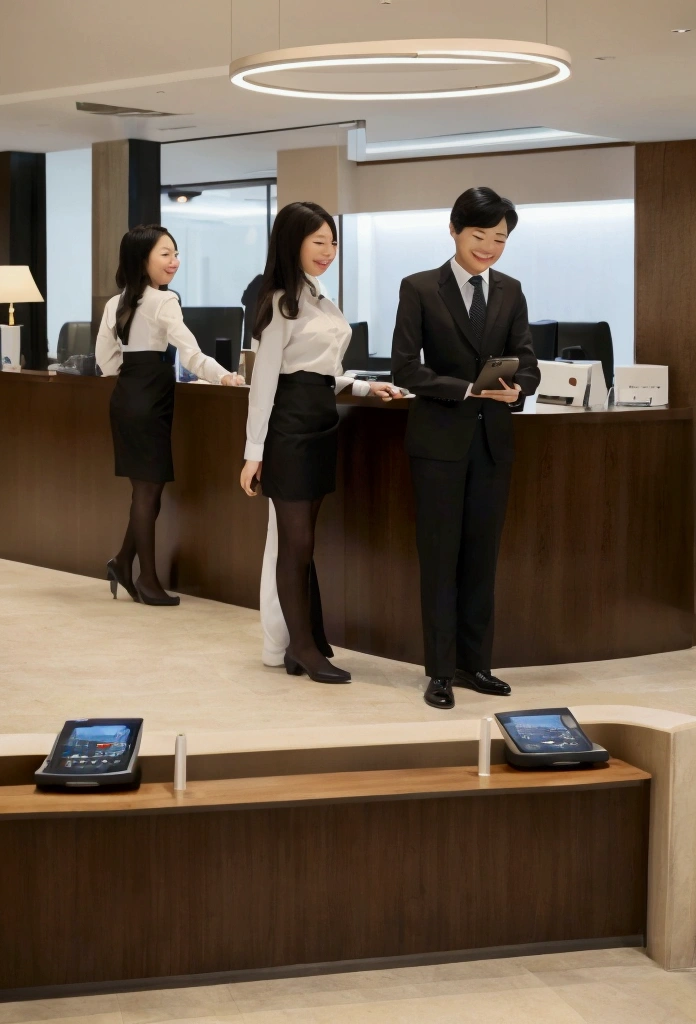 Business hotel front desk。Simple and modern design。On a wooden counter、Computers and phones are neatly arranged。Staff wear formal uniforms、Welcoming customers with a smile。The lobby has comfortable chairs and tables.、Business guests relaxing。The lighting is bright and functional.、Overall it is clean。