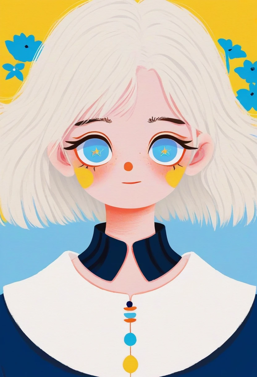 1 Girl,White hair,Colored contact lenses, Colored eyelashes,Lovely,Solid color background,blue and yellow,Artistic sense,Navy collar,Minimalist Art,Vector illustration,Flat illustration,Japanese cartoons