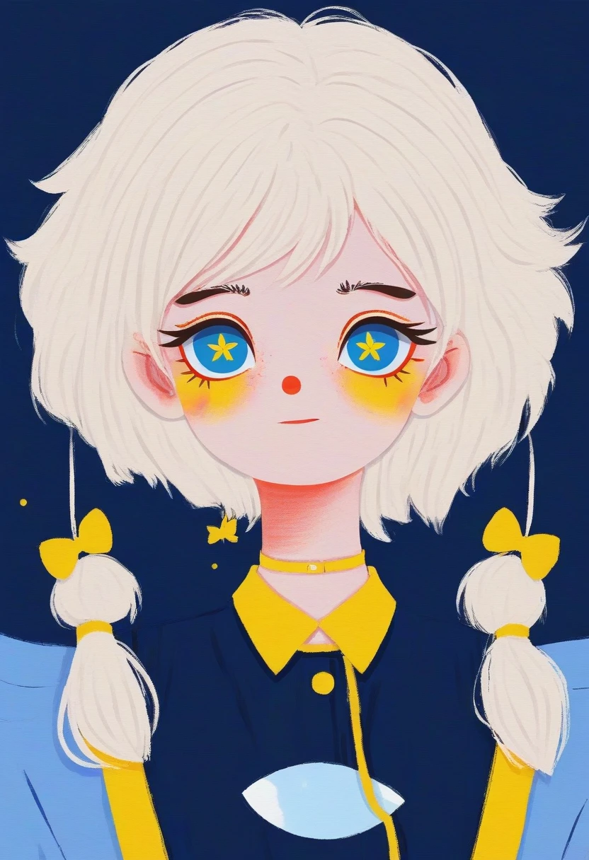 1 Girl,White hair,Colored contact lenses, Colored eyelashes,Lovely,Solid color background,blue and yellow,Artistic sense,Navy collar,Minimalist Art,Vector illustration,Flat illustration,Japanese cartoons