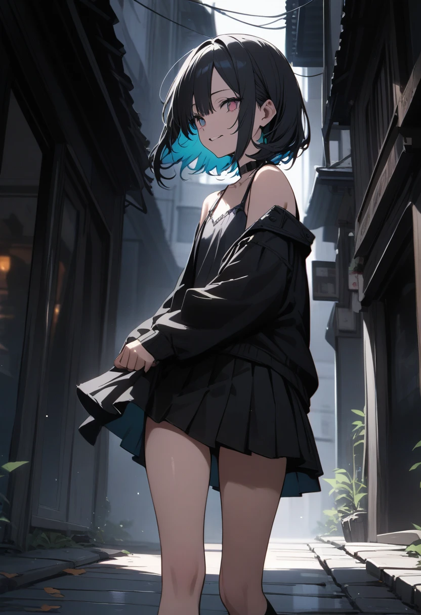 high quality, 最high quality、 Stylish design, (((The cutest girl))), ((Thin legs))、(((最high quality))), High resolution, ((detailed)), ((masterpiece)), ((Super detailed)), 17-year-old girl,(8th life),(camisole、mini skirt),((Black Hair,Inner Color)),((Sexual)),((Turn around))