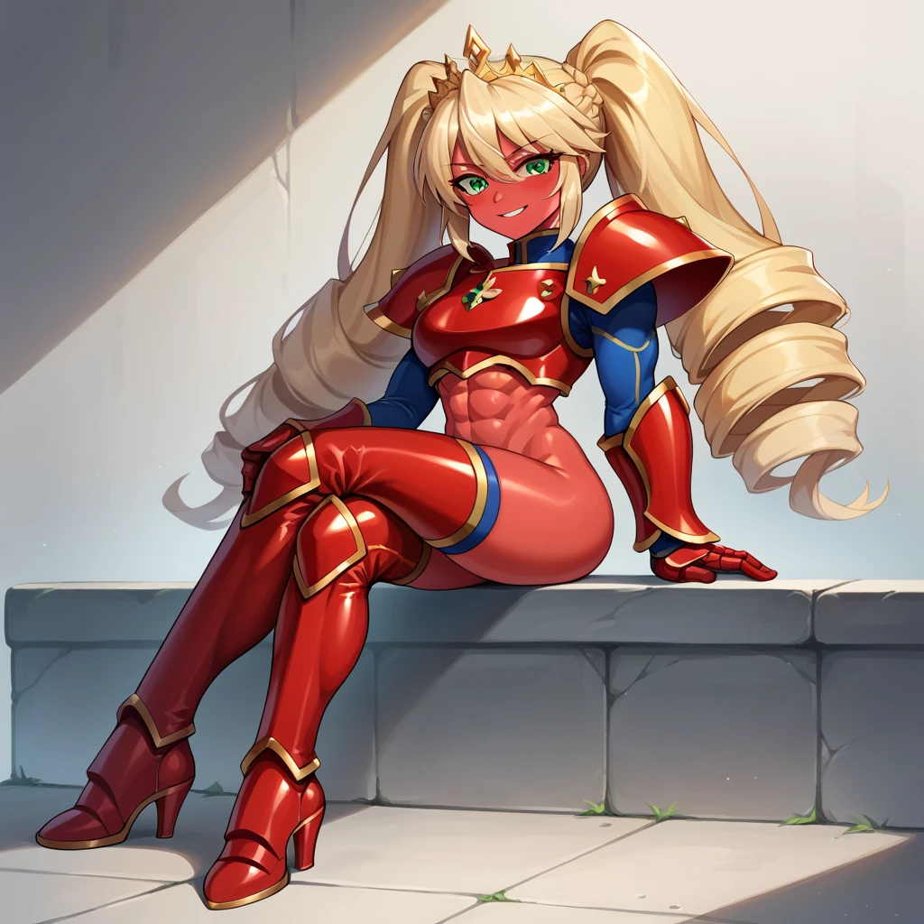 Lancer Artoria body (Alexis Texas Face), elegant adult female, blonde, green eyes (yellow eyelashes) crown, turtleneck, full body sitting on a bench, showing ass to me, RED breastplate, RED skin (1SologirlRED skin:1.2), looking at viewer, shiny, armor, thigh highs, high boots, pauldrons shoulder armor, faulds, poleyn, RED gloves gauntlets, rerebrace, RED military armored boots, yordle muscular lean platinum blonde long twin tails hairstyle at the bedroom lustful smirking smile face red blushed, blush, strong abs, female body builder, tiara, twin drills hair, (masterpiece, best quality, ultra detailed, best shadow)