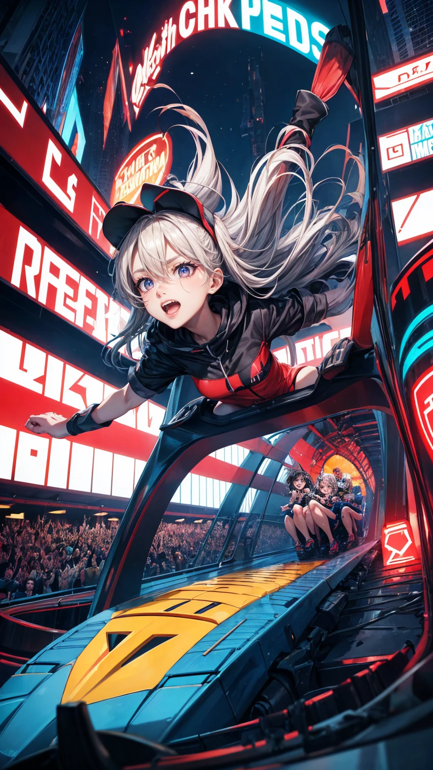 vector cartoon poster of an extremely fast rollercoaster with screaming girls riding it, on the right side there is "THEITER's FOLISIONالتزام Named CARDHEAD_dj" and below in small letters next to them "Lcrast". The background color should be red, the overall atmosphere is dark, gloomy, the theme focuses around stock market crash and falling Jeoppersa mediums ide as stock charts