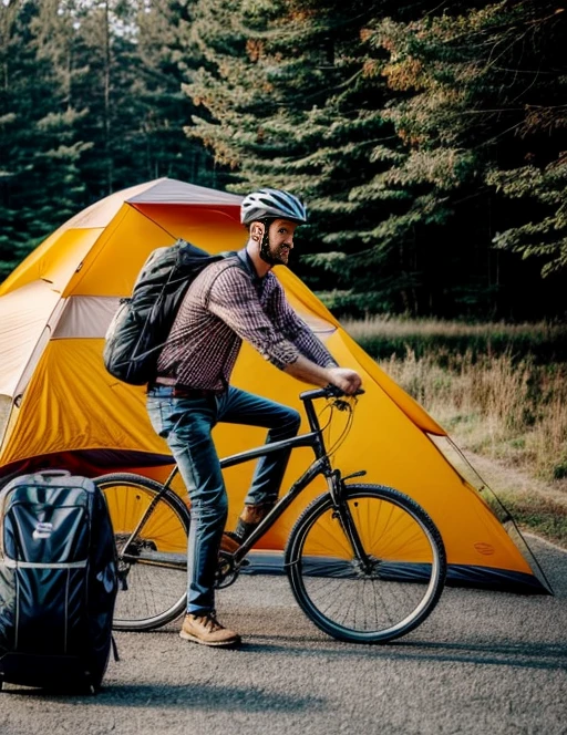 Man traveling on a bicycle, with travel bags, and a tent