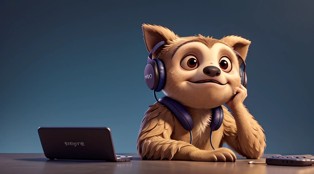 Sloth with headphones，Frontal head close-up , Ears are listening, No text, Sloth as DJ, Solid background