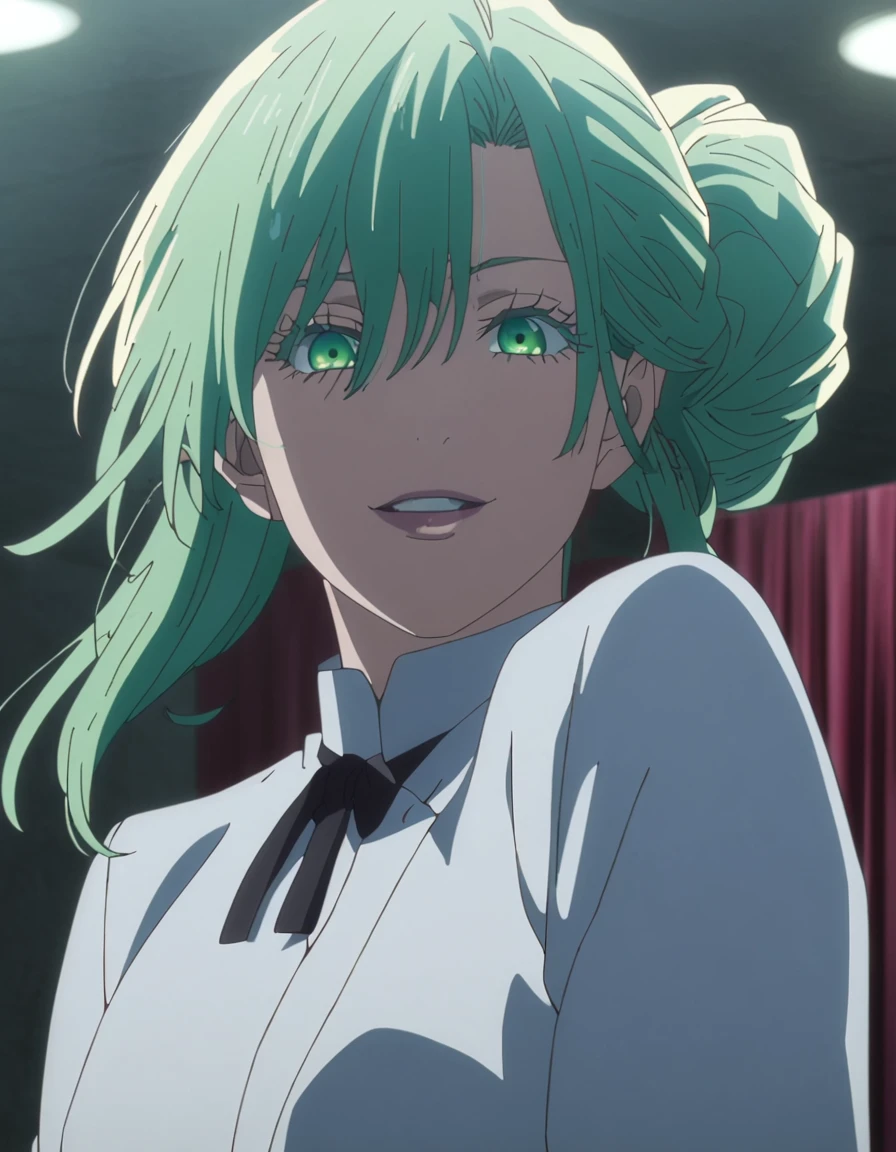 1girl, female gojo satoru, anime screencap from jujutsu kaisen, gojo satoru female version, solo, long_Green hair, hair strands, hair bun, black round sunglasses, Green Eyes, parted_lips, smiling, looking_at_viewer, perfect background, indoors, side view, white_hair, bangs, eyelashes, (prom night outfit), hair_between_eyes, floating hair, (hair strands), party hall,