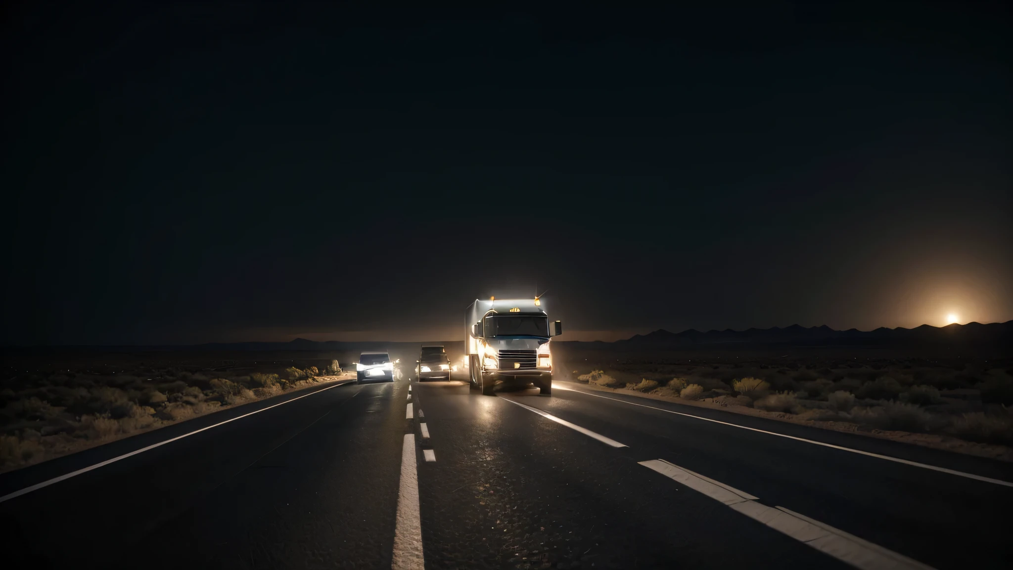 truck in front and car behind chasing him on a highway in the desert on a very dark night with a gloomy air