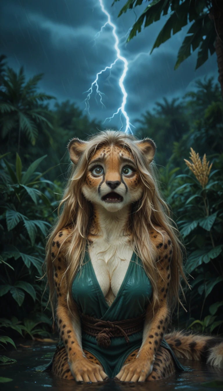 (zPDXL2), score_9, score_8_up, score_7_up, detaillora, source_anime, 2d, FURRY, anthro, 
female, anthro, [black panther:cheetah:0.3], (black fur), (hiding, seat under tree, scared face expression, Scared pose:1.35), (long hair, wheat blonde hair, wet hair, wet, wet sin, wet fur, wet tail, fluffy tail:1.5), cheetah ears, big breasts, attractive, (prehistoric cloth, topcloth, loincloth, wet cloth), ((athletic body, Curvy body)), thick hips, freckles, freckles on face, emerald green eyes, thunder, storm, lighting, (tropical thunder, windstorm, wind, lightning, rainstorm, rain, night background:1.7), 
AissistXLv2, unaestheticXL_bp5, SimplePositiveXLv2, zPDXL2 PonyXLV6_Scores