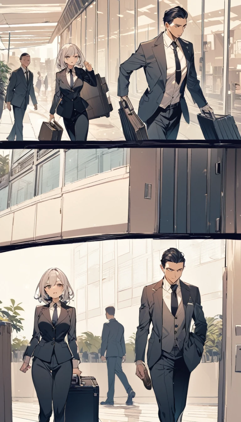 A man in a suit and a woman with a suitcase，Go in the opposite direction