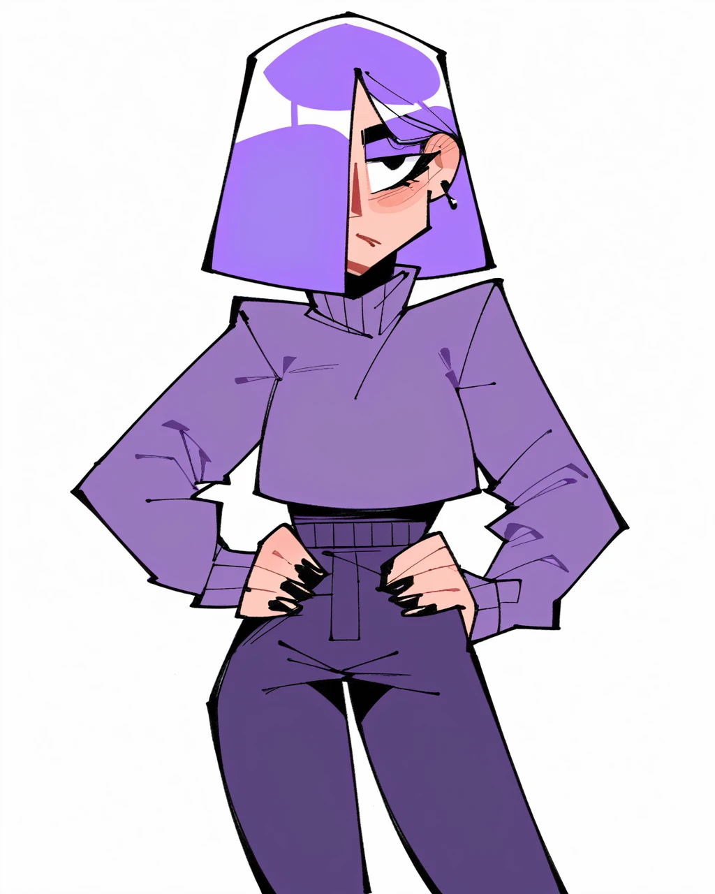 score_9, 1girl, female, (solo), standing, lily duolingo, purple hair, hair over one eye, sweater, pants, flat colors, no lineart, 