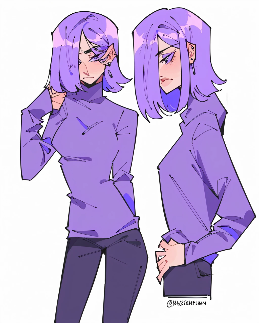 score_9, 1girl, female, (solo), standing, lily duolingo, purple hair, hair over one eye, sweater, pants, flat colors, no lineart, 