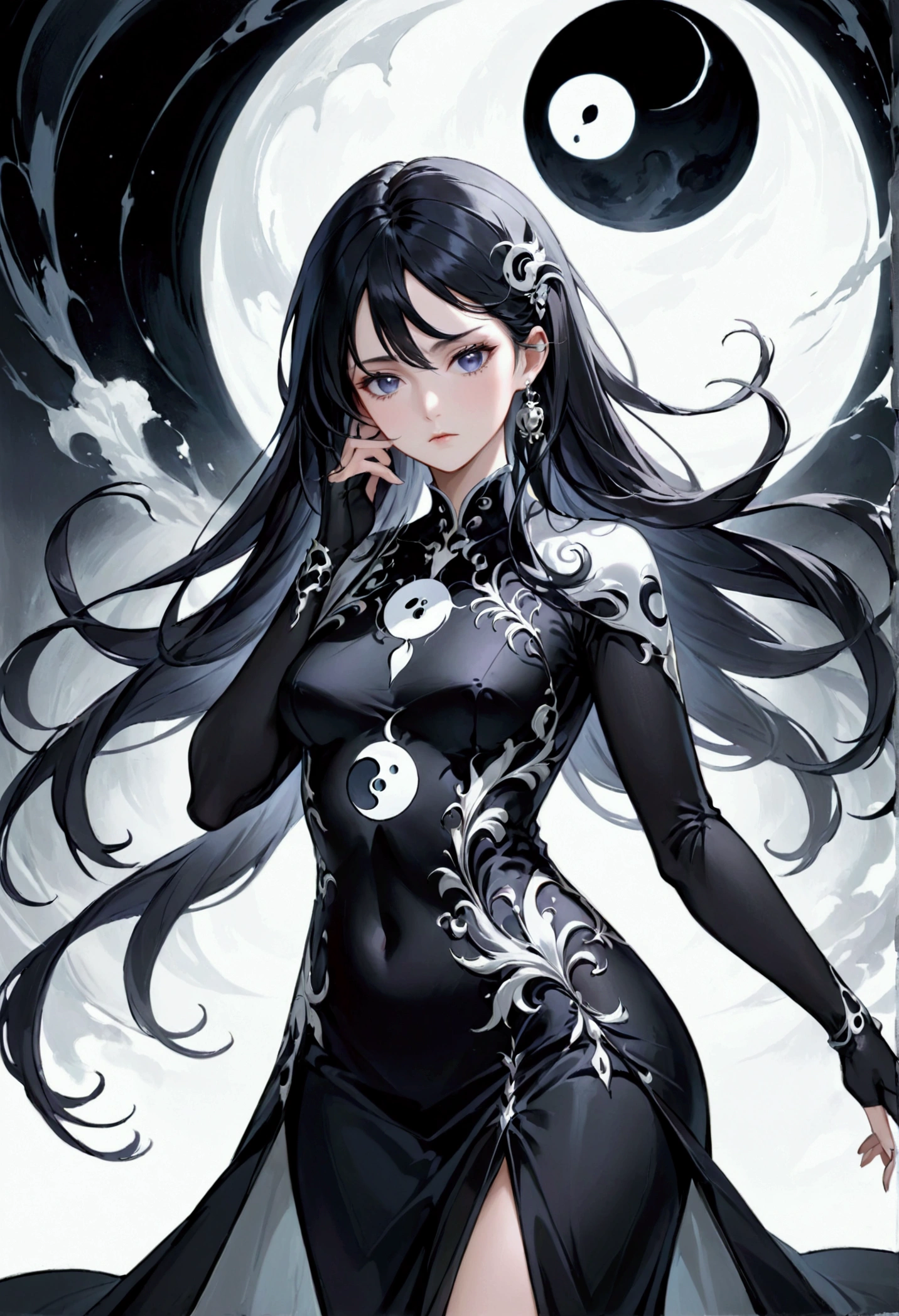 Mature Girl with long black hair with silver highlight, dark onyx eyes,tall rectangular body figure,serious face, elegant dress, powerful ying yang aura