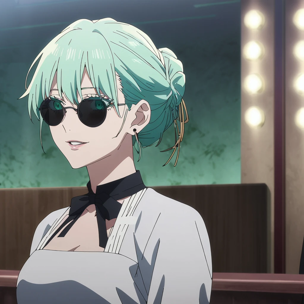 1girl, female gojo satoru, anime screencap from jujutsu kaisen, gojo satoru female version, solo, long_Green hair, hair strands, hair bun, (black round sunglasses), Green Eyes, parted_lips, smiling, earings, looking_at_viewer, perfect background, indoors, side view, white_hair, bangs, eyelashes, (prom night outfit), hair_between_eyes, floating hair, (hair strands), party hall,