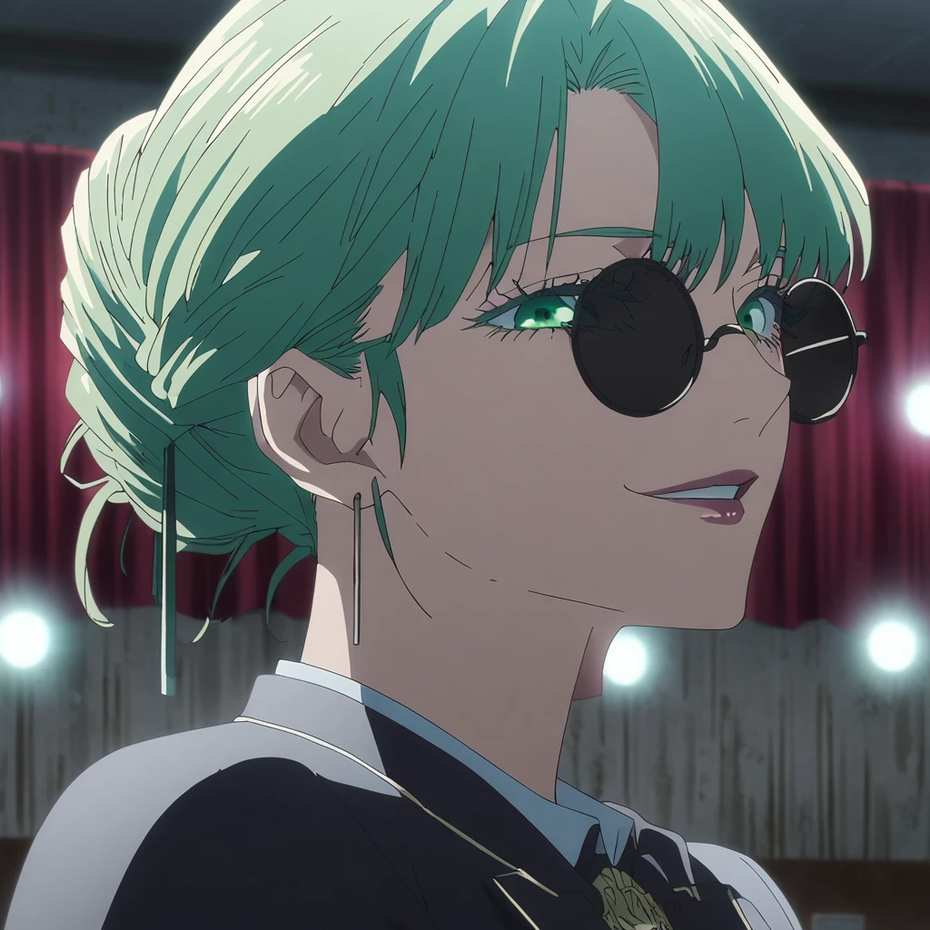 1girl, female gojo satoru, anime screencap from jujutsu kaisen, gojo satoru female version, solo, long_Green hair, hair strands, hair bun, (black round sunglasses), Green Eyes, parted_lips, smiling, earings, looking_at_viewer, perfect background, indoors, side view, white_hair, bangs, eyelashes, (prom night outfit),  hair_between_eyes, floating hair, (hair strands), party hall, 
