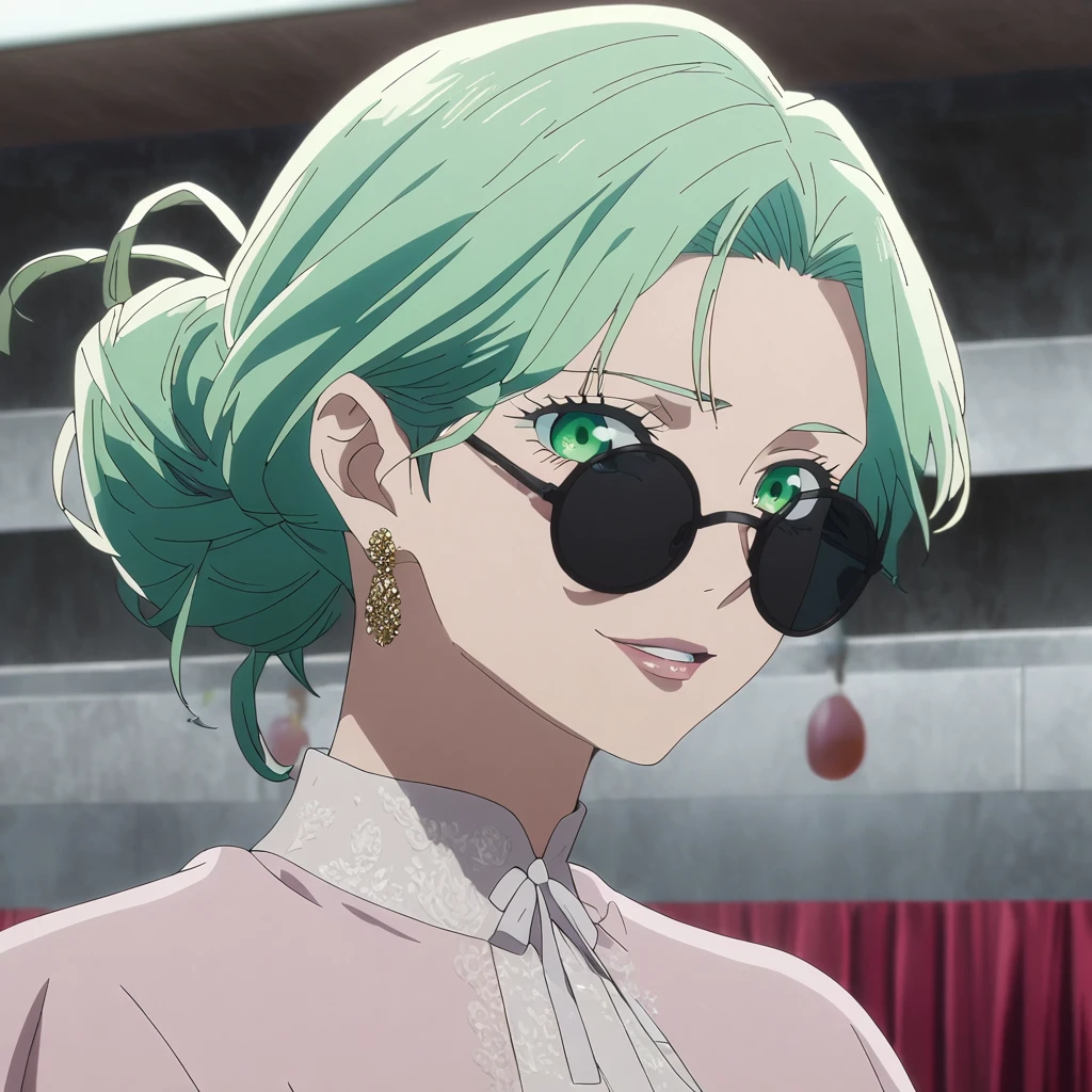 1girl, female gojo satoru, anime screencap from jujutsu kaisen, gojo satoru female version, solo, long_Green hair, hair strands, hair bun, (black round sunglasses), Green Eyes, parted_lips, smiling, earings, looking_at_viewer, perfect background, indoors, side view, white_hair, bangs, eyelashes, (prom night outfit), hair_between_eyes, floating hair, (hair strands), party hall,