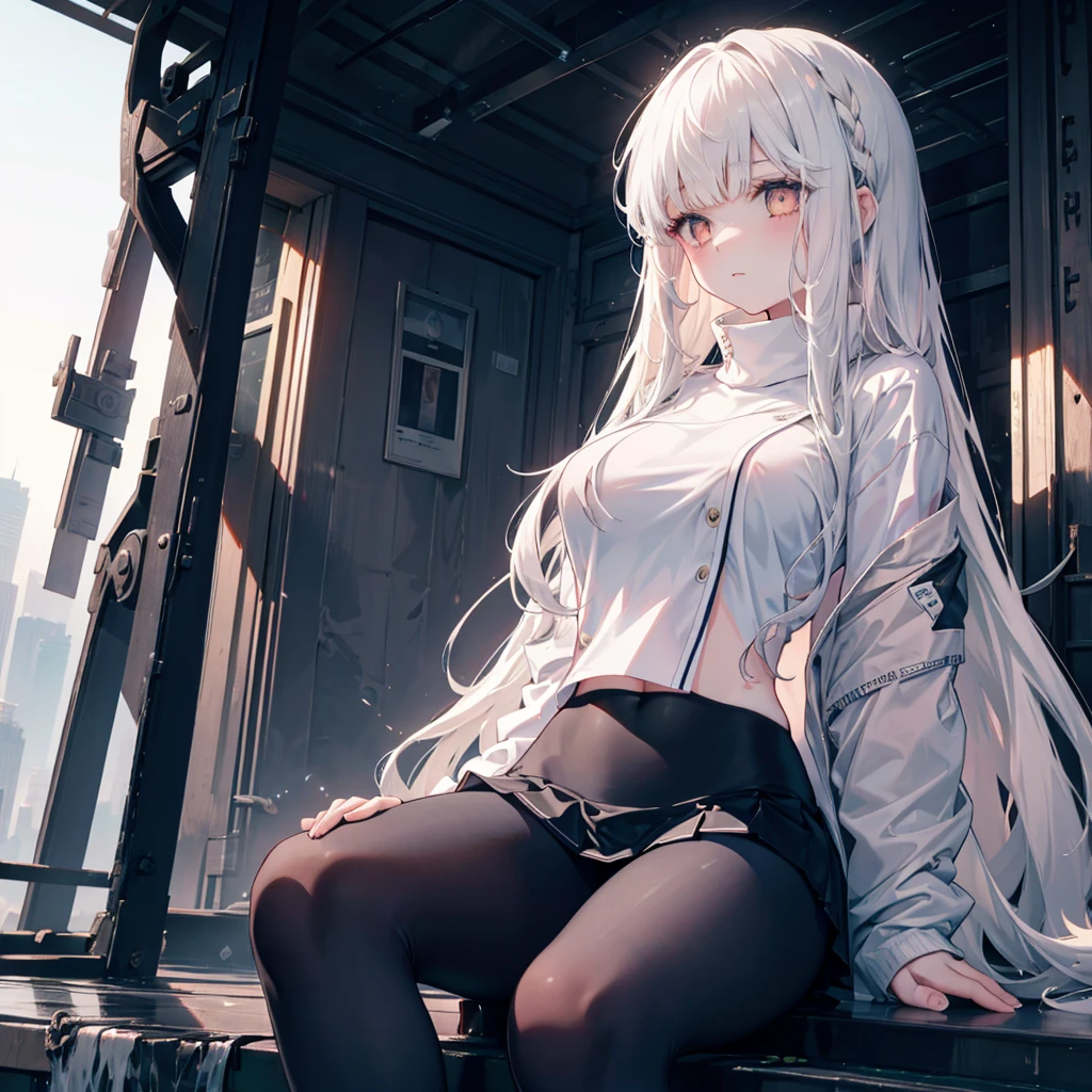 (masterpiece, Best quality, absurd), 1 girl, white hair, long hair, straight hair, blunt bangs, light blue eyes, big breasts, aesthetic waist, pale skin, white shirt, short jeans, black stockings and black heels, face angry face, beautiful, full length, masterpiece, in an abandoned dark building, at night, pointing finger at me, sitting on a wooden platform, ruka, view from below, threatening
