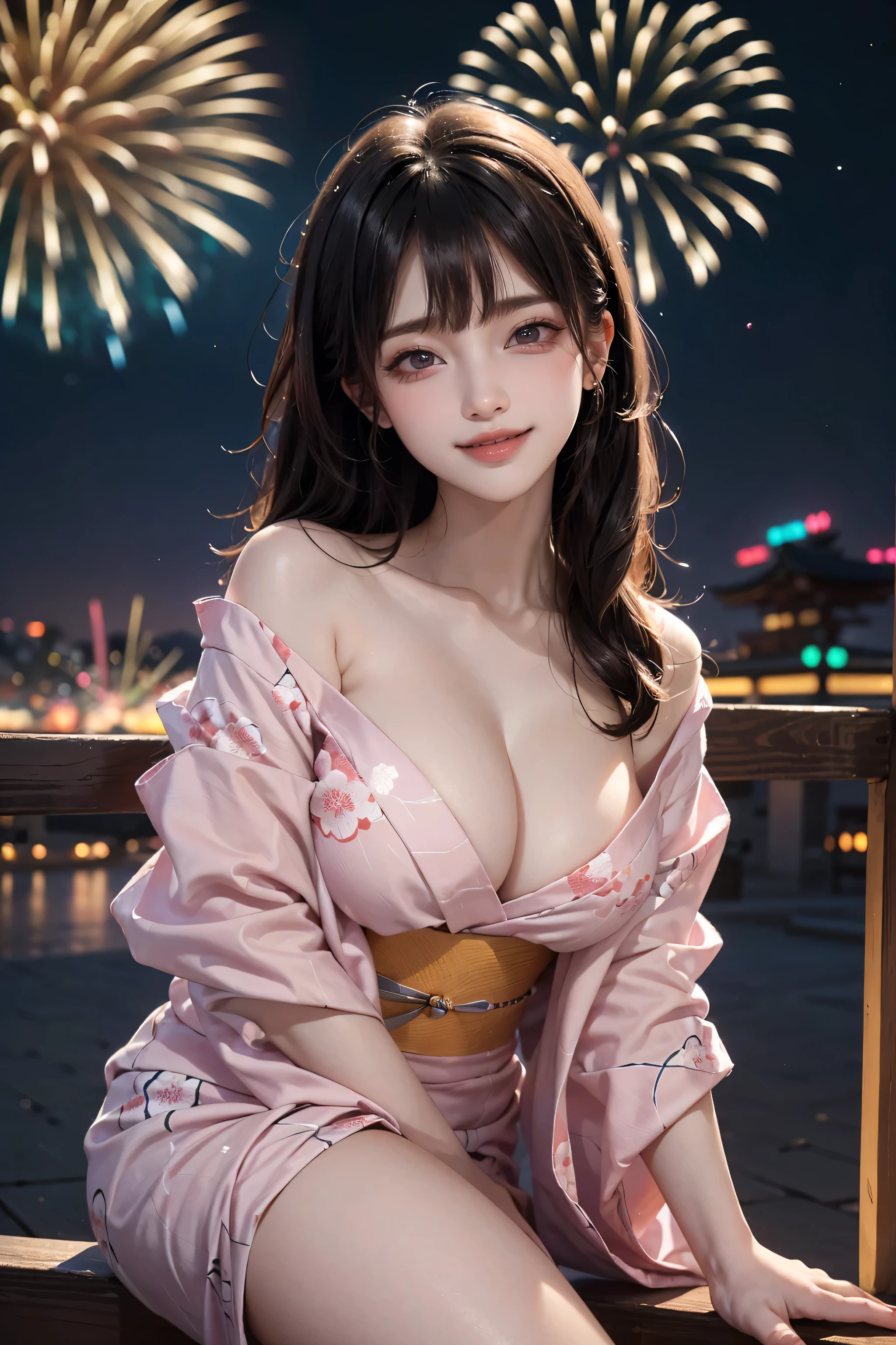 ((16K)),(masterpiece:1.3, Highest quality, Ultra-high resolution, Super detailed), (Realistic, photoRealistic:1.4), Perfect lighting, Depth of written boundary, Browsing Caution, Surrealism,Face Light,(( large breasts)),Beautiful detailed hair,((Beautiful eyelashes)), Beautifully detailed face, Beautiful fine details, Beautiful body, thin脚,Beautiful breasts, Beautiful feet, ((Beautiful nails)), ((Beautiful fingers)), thin, 1 girl, 23 years old,Perfect Face, Long eyelashes,Perfect Anatomy, Supermodel with a long neck,((Skinny1.2)),(Perfect Anatomy,Anatomically correct, Highly detailed skin), ((beautiful girl:1.1)),(Mid-length hair:1.4, Wavy Hair:1.2, Black Hair) ,((With bangs)),Dainty facial structure,((Happy smiling face with mouth wide open:1.3)),Like the whole body,((leaning on rail:1.2)),from side,((wearing very elaborate (pink) yukata with traditional Japanese floral patterns:1.1)),The yukata is short in length, showcasing its vibrant and intricate design, Generate an image of a night sky with colorful fireworks being launched. The background should be filled with a variety of vibrant fireworks, creating a festive and celebratory atmosphere,Beautiful fireworks,((wide shot:1.4)),