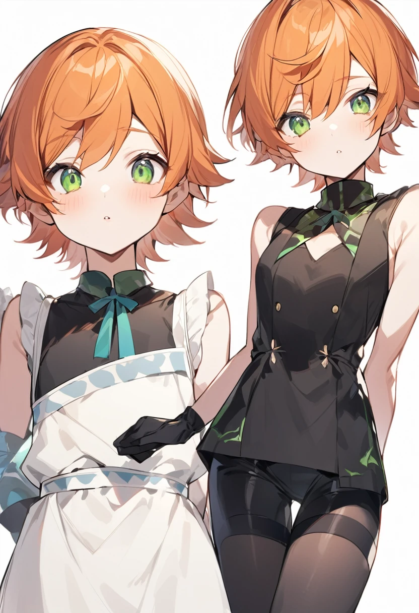 （One girl）、((short hair))、right orange hair、((boyish))、Crossdresser、((Dairy-free))、(Healer)、Black Vest、black leggings、White sleeveless、black gloves、say、green eye、arm behind back、White Background、