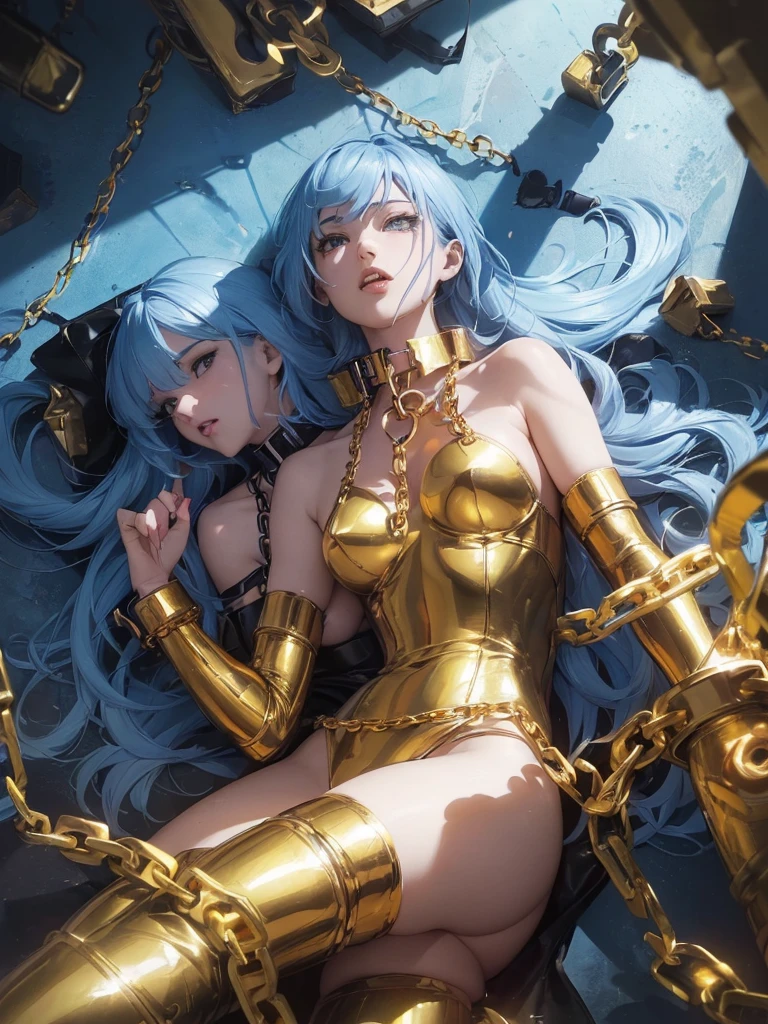 (superflat, masterpiece, flat shading, flat colors:1.1), Cinematic shot, Masterpiece, echo style, horny, female teacher humiliating two girls on a leash, ((3 females, multiple females)), european, (3 beautiful females, lesbian orgy), ((humiliating, fingering, humiliation, humiliated, golden halo, halo)), (chained, tied, golden chain, golden dildo, penetration, chain around bodies , chained collar, handcuffs, rough:1.4), leather gloves, leather, slim, lingerie underwear, silk bra, lingerie stockings, angel wings, (cold light, cold blue tones), flat blue background, highly detailed, from below