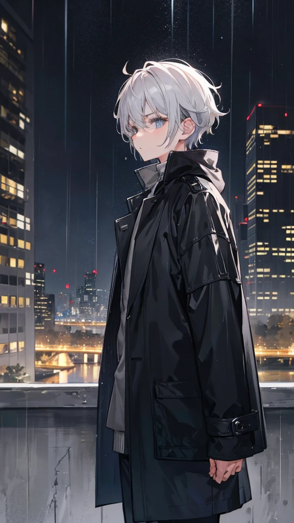 a boy, grey hair, looking out to the distant, night city, rain, black coat