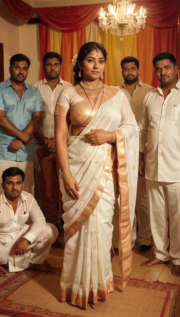 a 50-year-old shirtless man affectionately hugging and kissing aradiant, full-figured South Indian plus-sized 30 year old teacher wearing a off white silky saree in dressing room, captured in a full-body image with vibrant hues and meticulous details. Full body image